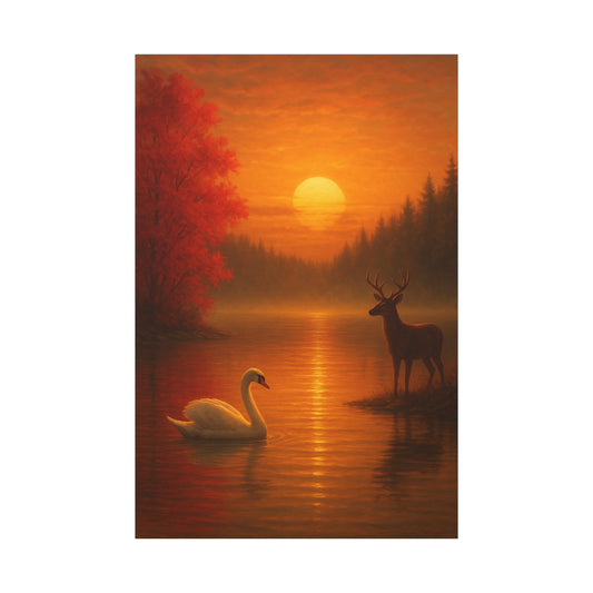 Dusk on the Autumn lake with swan and deer during sunset(Pair: 1 OF2)