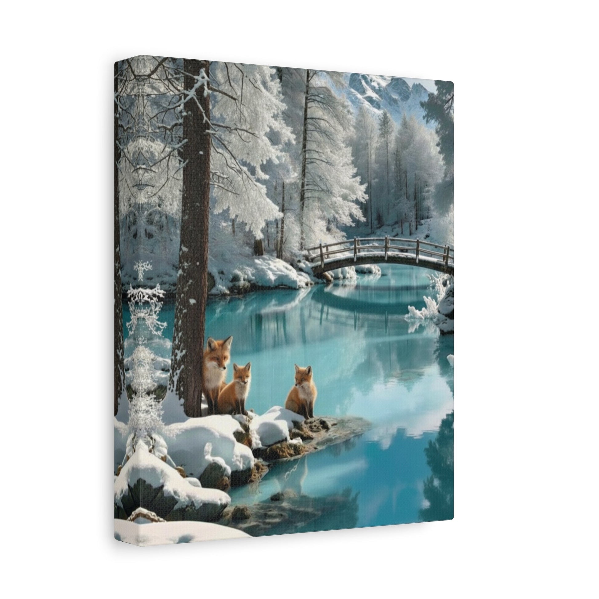 Canvas wall art featuring winter landscape with three foxes by snowy river and wooden bridge