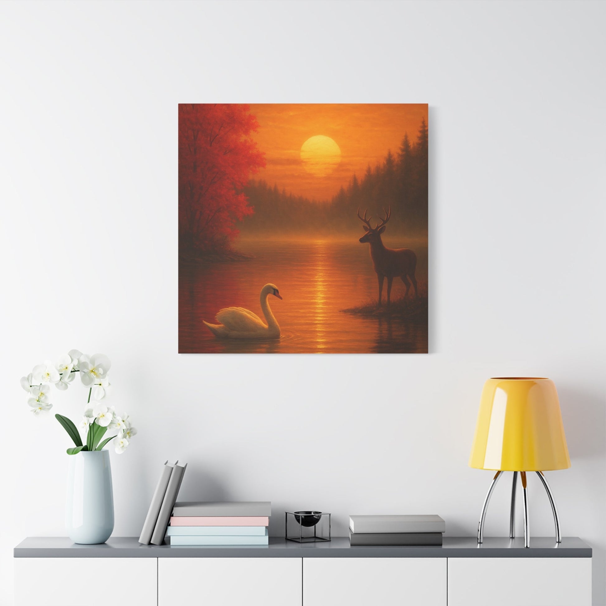 Dusk on the Autumn Lake Sunset wall art with swan, deer, and vibrant autumn colors at sunset