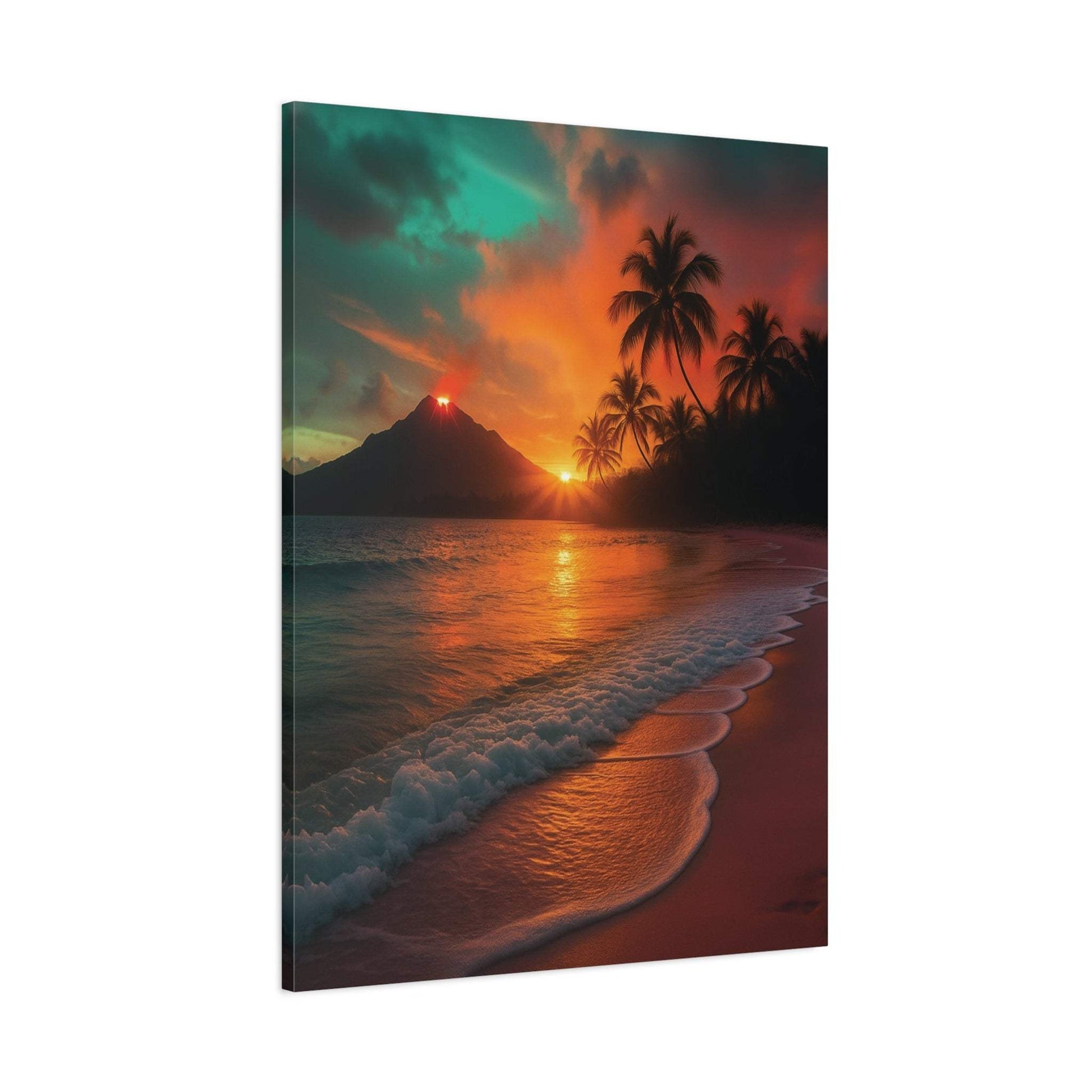 Canvas wall art featuring lava flow and sunrise over ocean with palm trees at beach shore