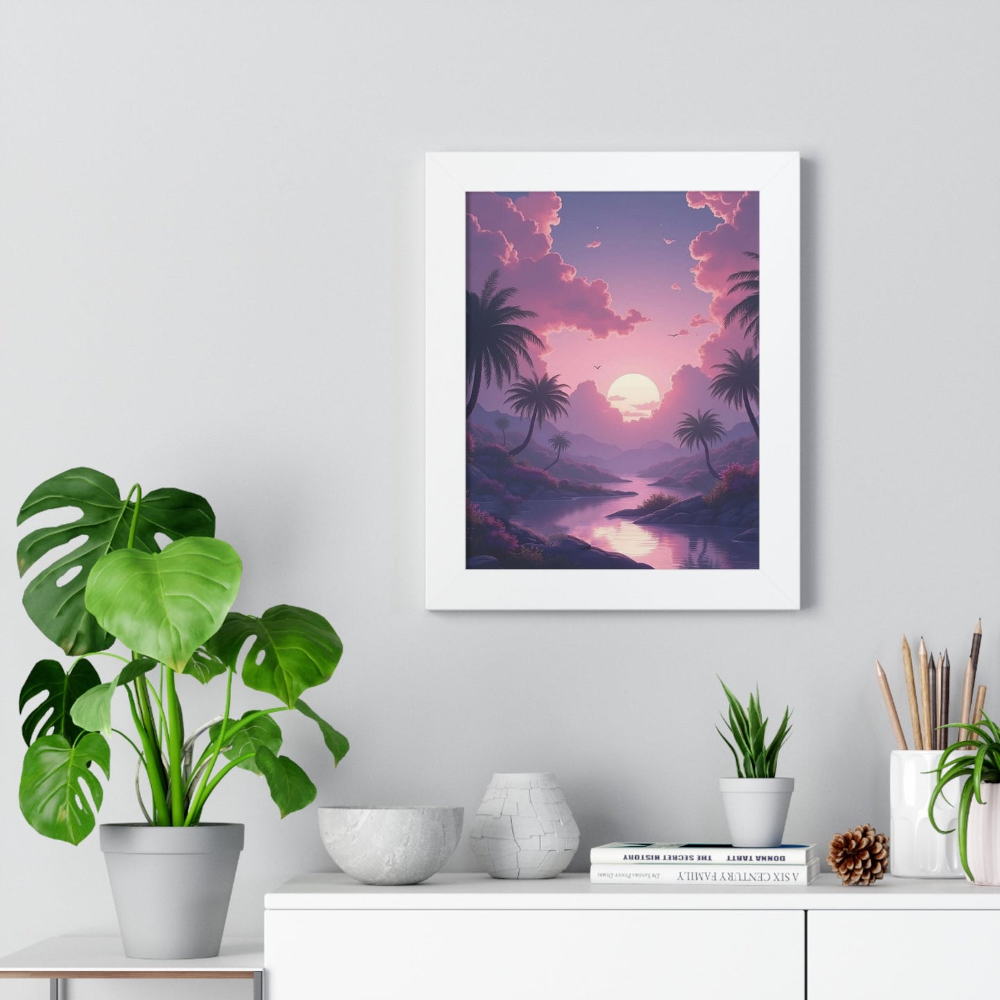 Tropical Sunset Framed Poster with palm trees and sunset over a serene river, perfect relaxing wall art for home décor.