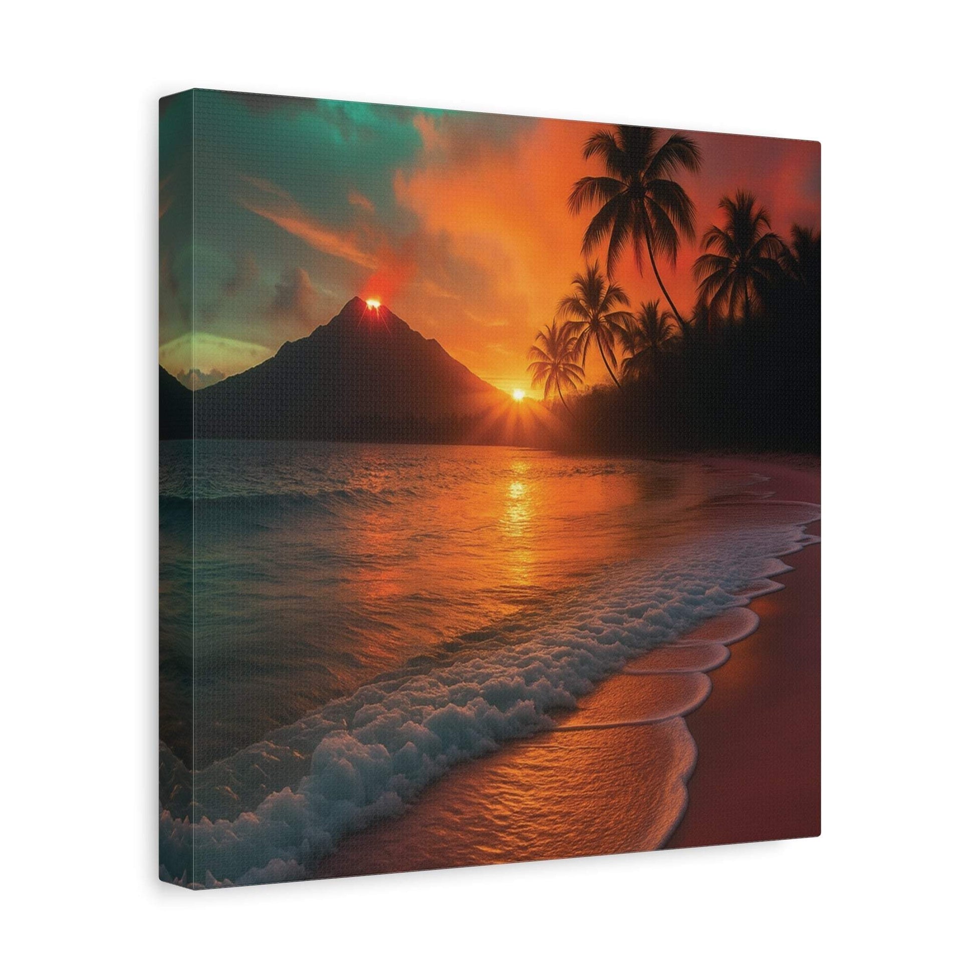 Canvas Wall Art featuring lava and sunrise over ocean with palm trees at beach