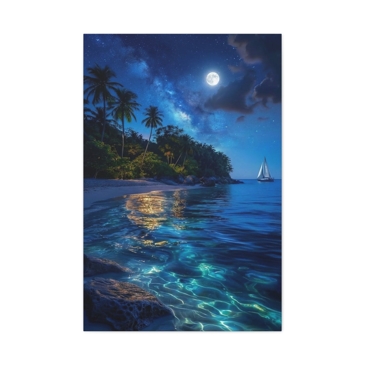 Moonlit Tropical Beach Canvas Wall Art — Night Sail Ocean Landscape