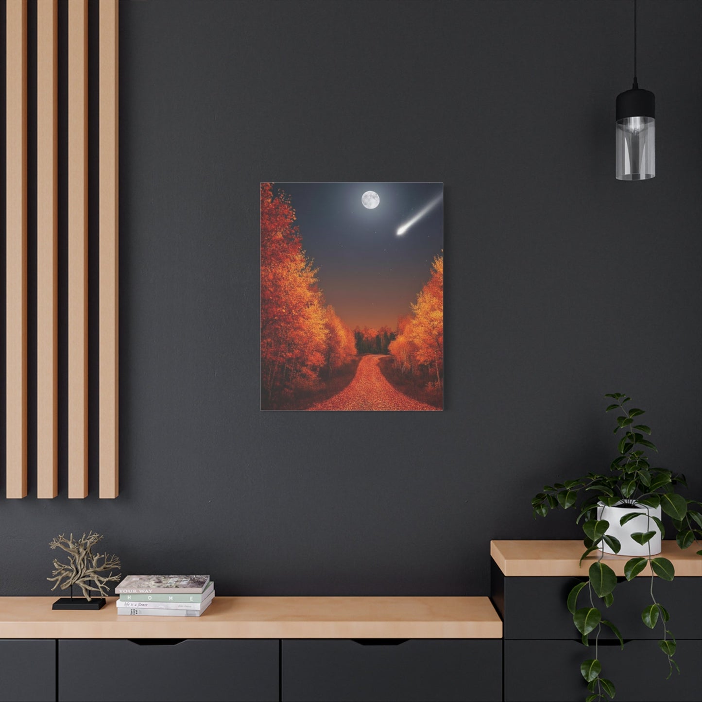 Canvas wall art featuring an autumn forest road under a full moon and shooting star, with vibrant fall colors and a tranquil night sky.