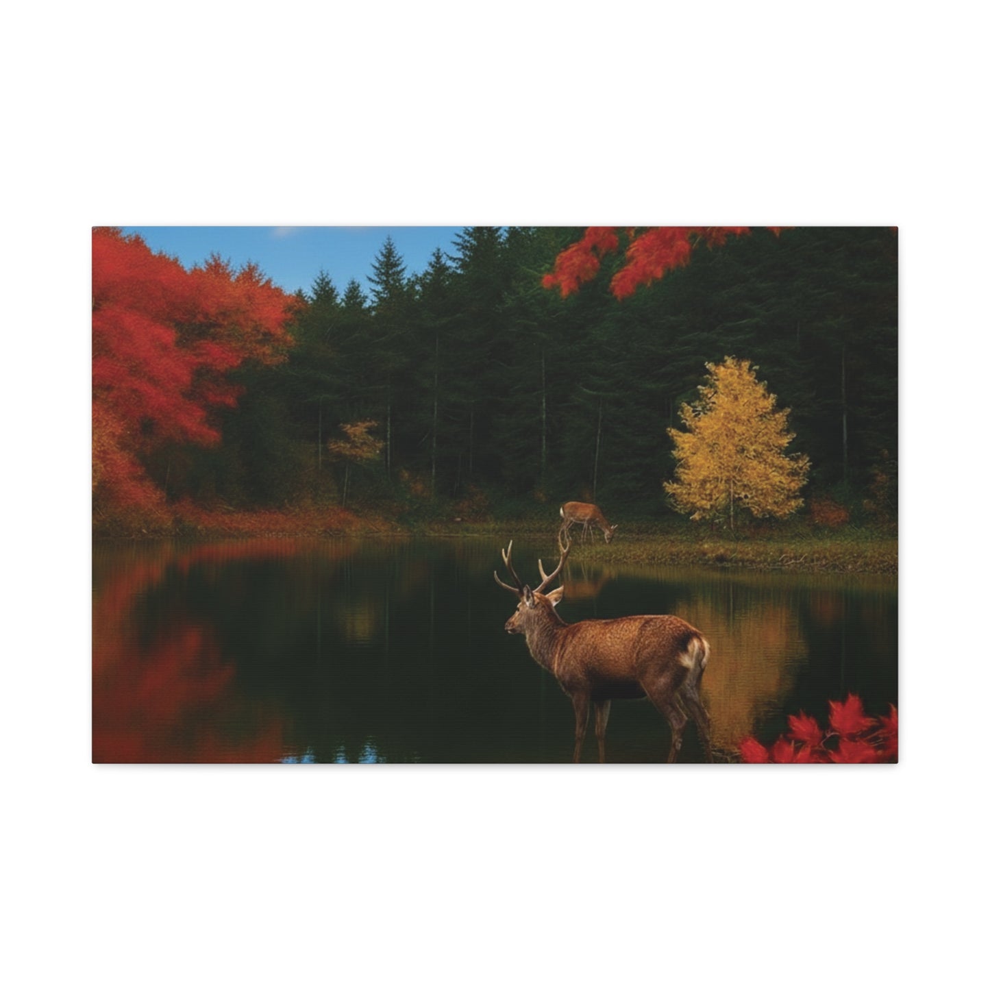 Autumn foliage and Deer by the lake Canvas wall art print