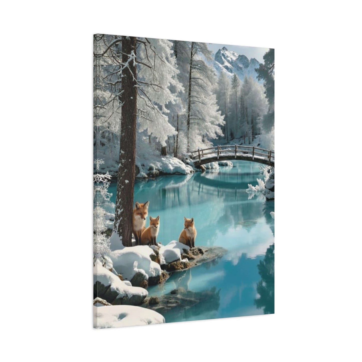 Canvas wall art featuring winter landscape with foxes by serene blue water and snowy trees