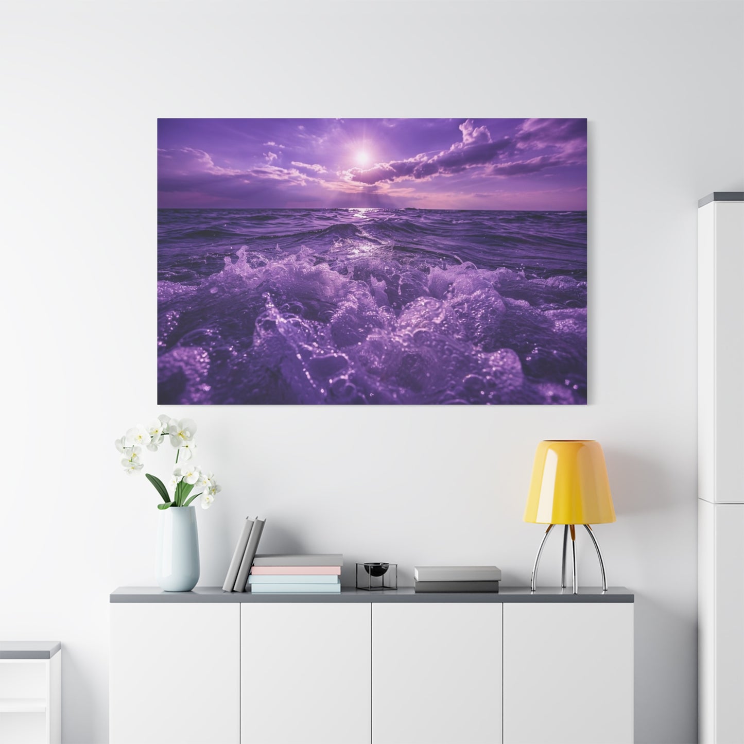 Romantic Purple Ocean Sunrise Matte Canvas Wall Art — Stretched 1.25"