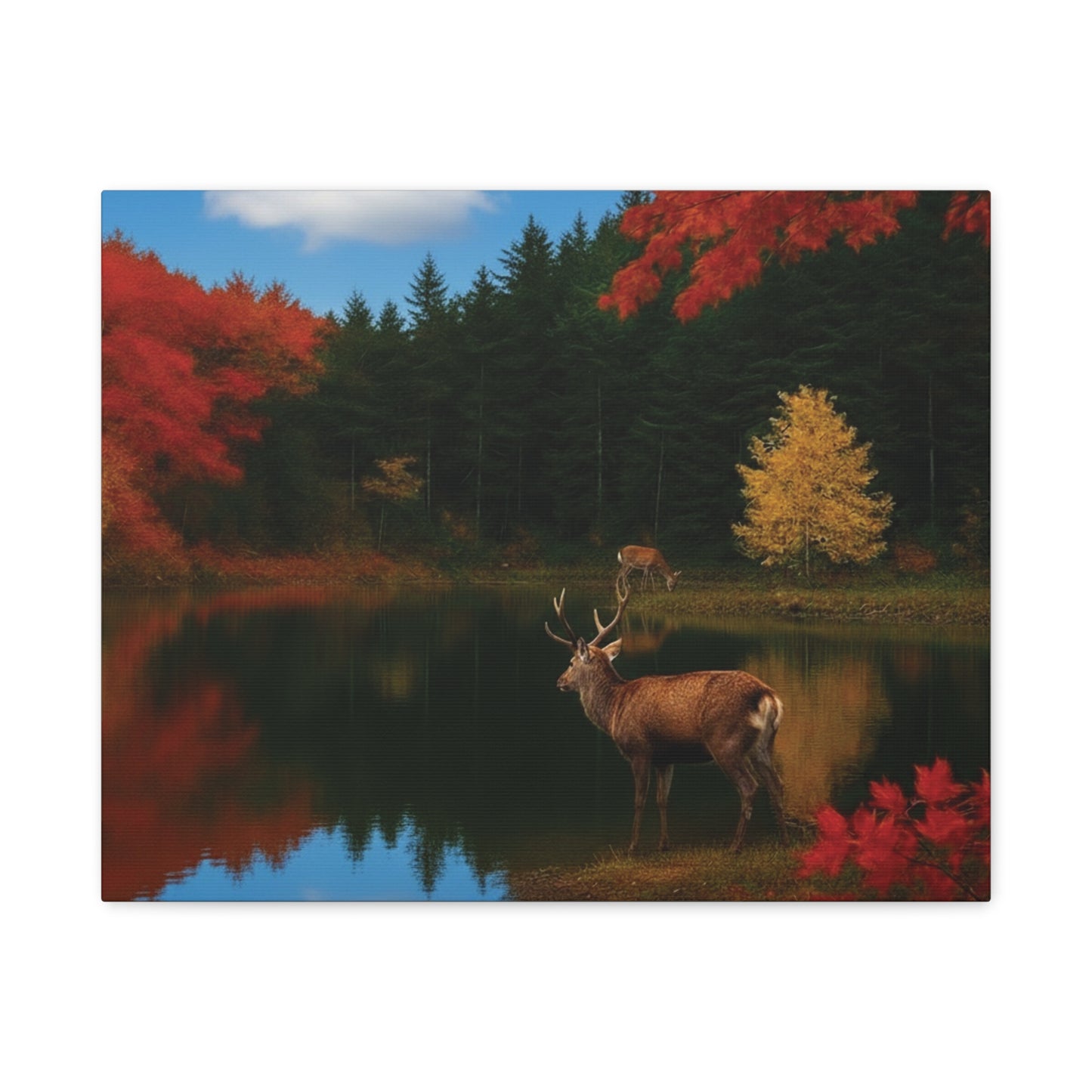 Autumn foliage and Deer by the lake Canvas wall art print