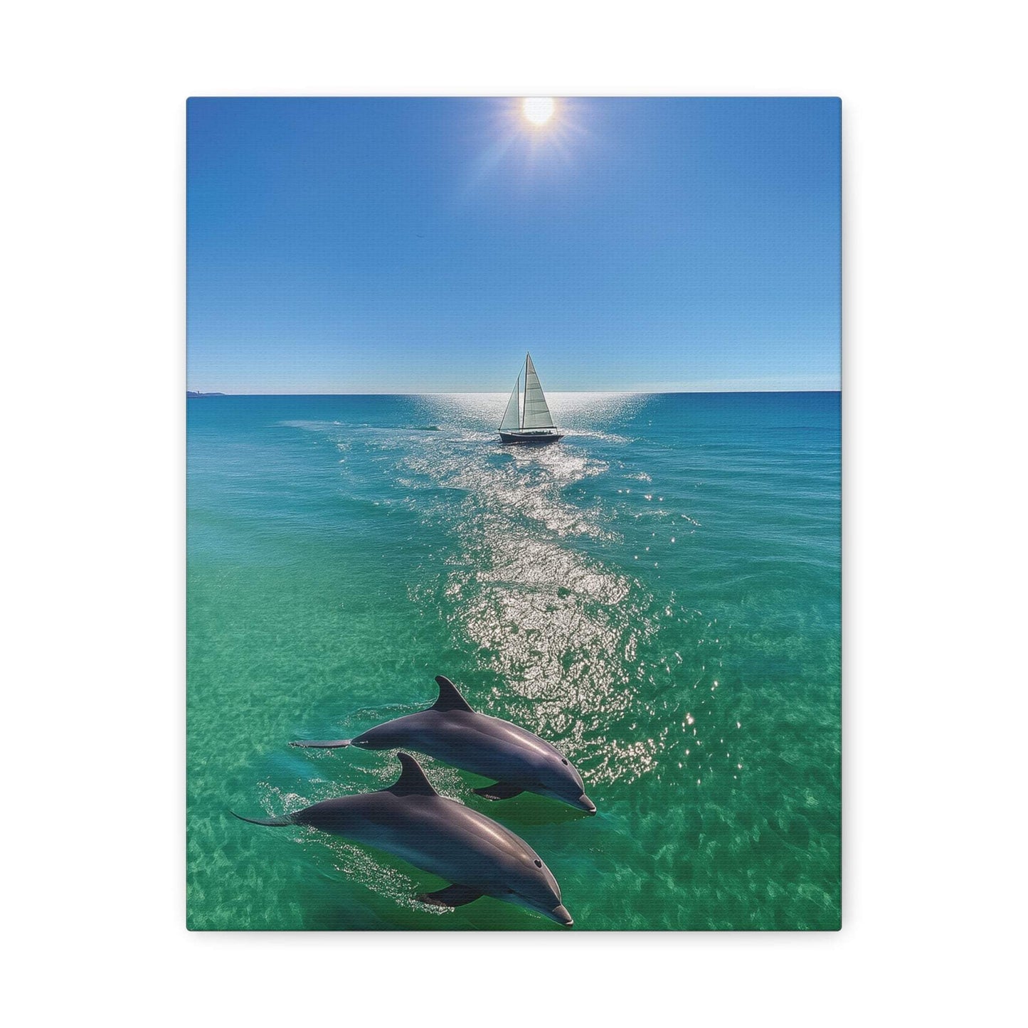 Wall art canvas print featuring sailboat and dolphins playing in the sun over clear ocean water.