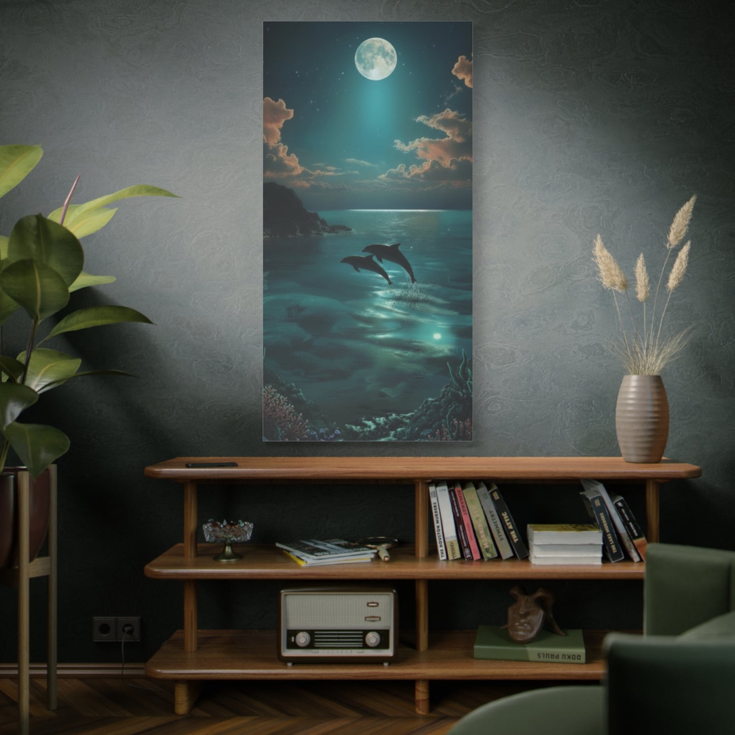 Dolphins in Turquoise Moonlit Ocean Canvas Wall Art