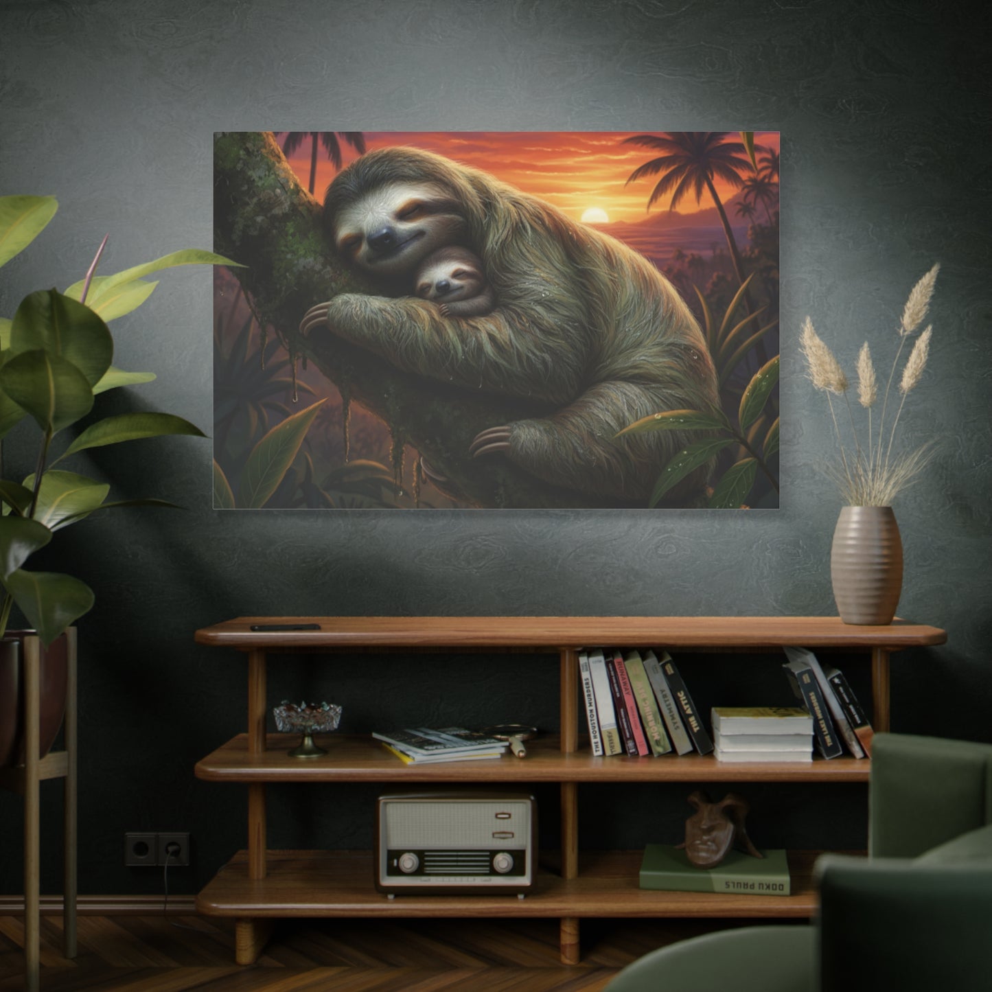 Sloth Mom & Baby Sunrise Canvas Wall Art — Stretched Matte Print