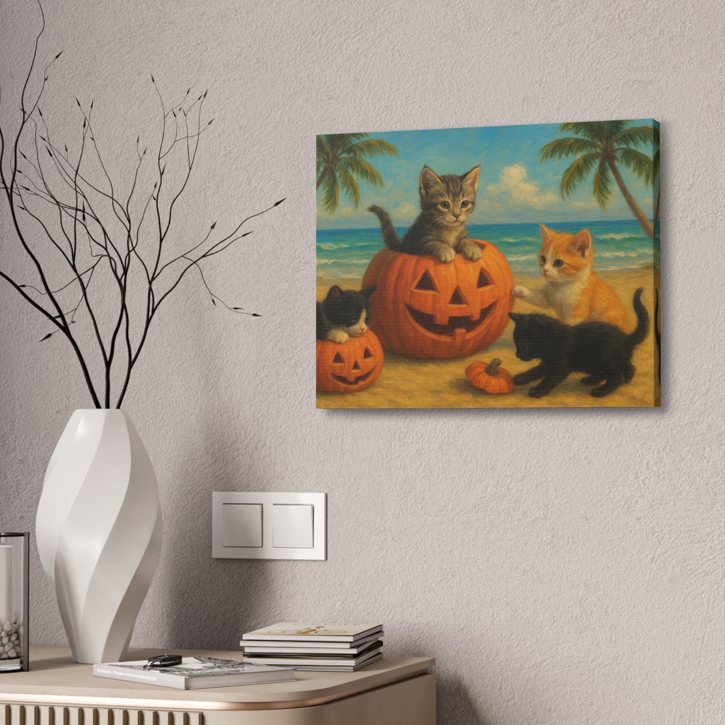 Canvas-Pumpkin Kittens wall art featuring playful kittens with pumpkins on a beach for autumn and Halloween decor