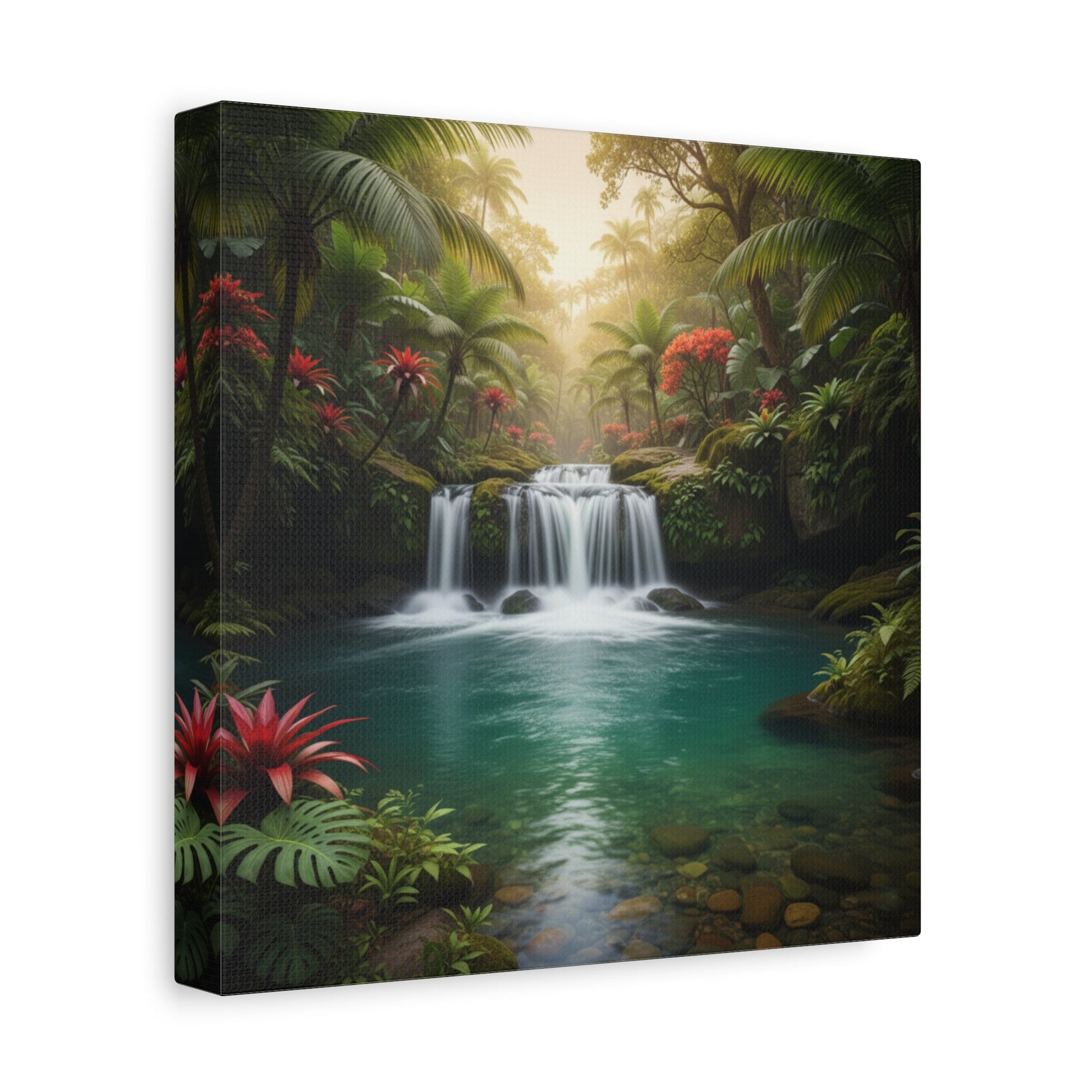 Canvas wall art featuring a tropical waterfall surrounded by lush greenery and vibrant flowers