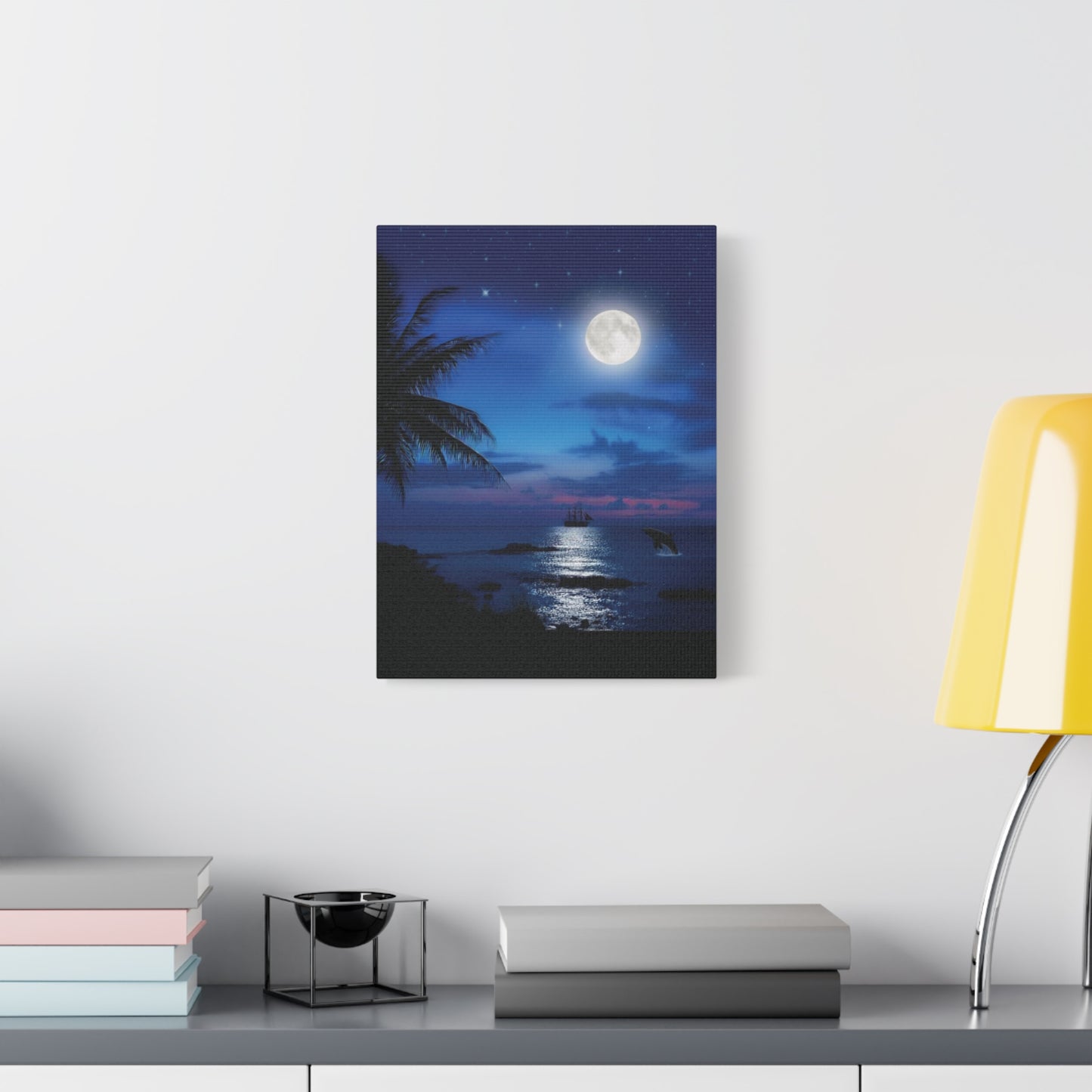 Blue Sky Moon lit Tropical Escape Canvas Wall Art