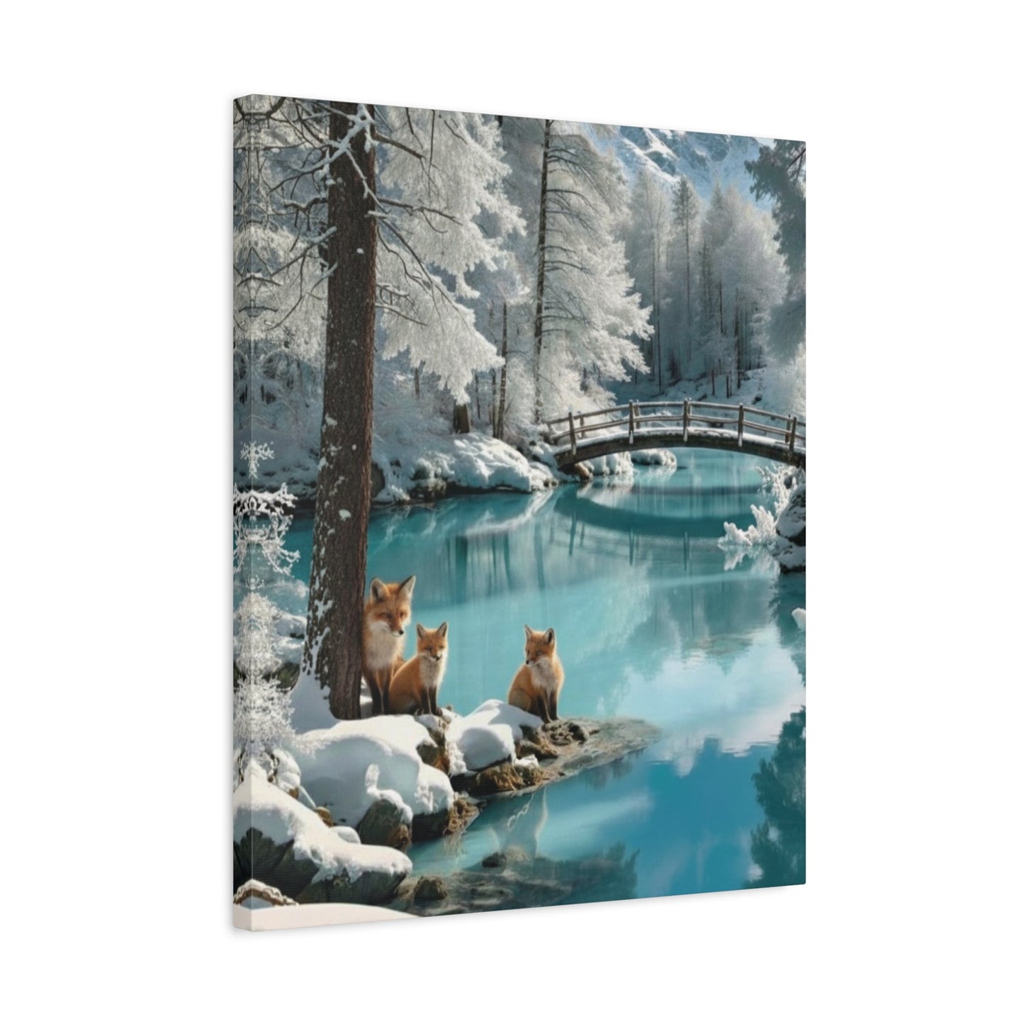 Winter foxes by icy river with snowy trees and wooden bridge canvas wall art