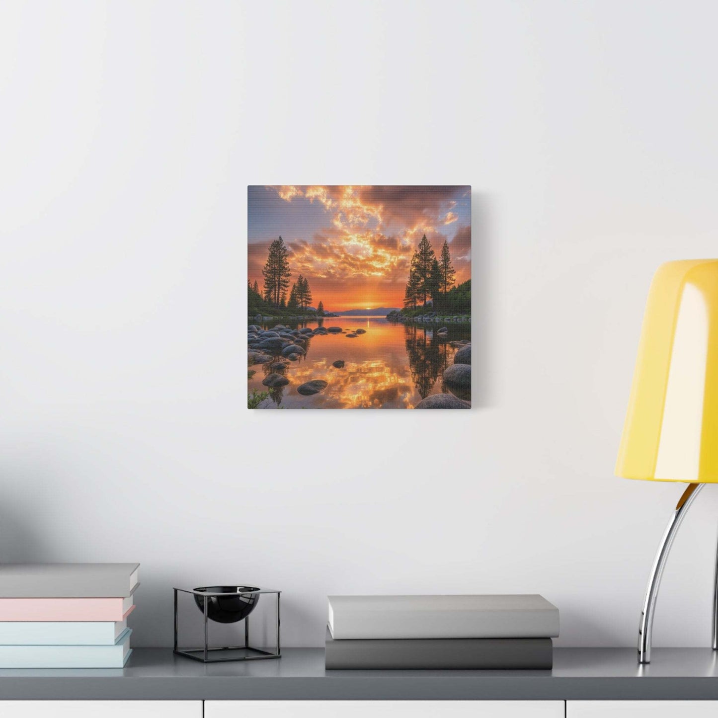 Canvas wall art featuring a sunrise over a serene evergreen path with vibrant golden light and lush green pine trees.