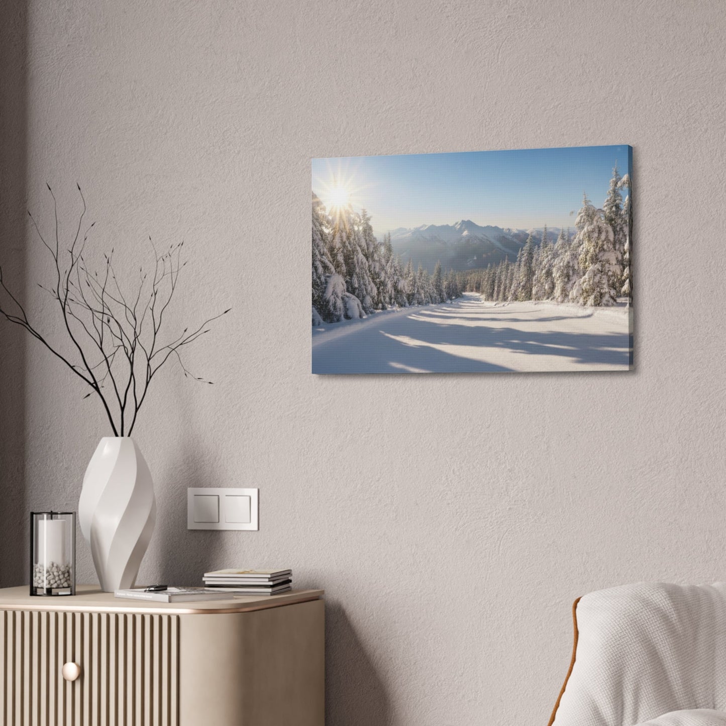 Canvas wall art depicting a serene snowy winter trail with pine trees and mountains under a clear morning sky