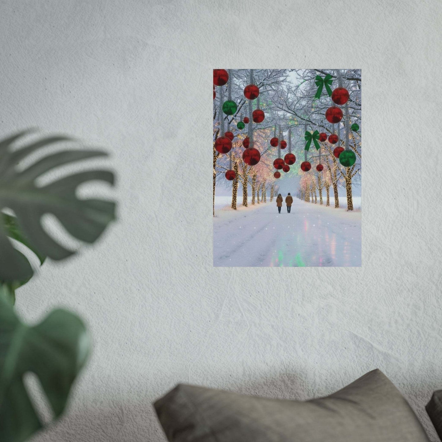 Couple walking under decorated winter Christmas lights poster hanging on wall