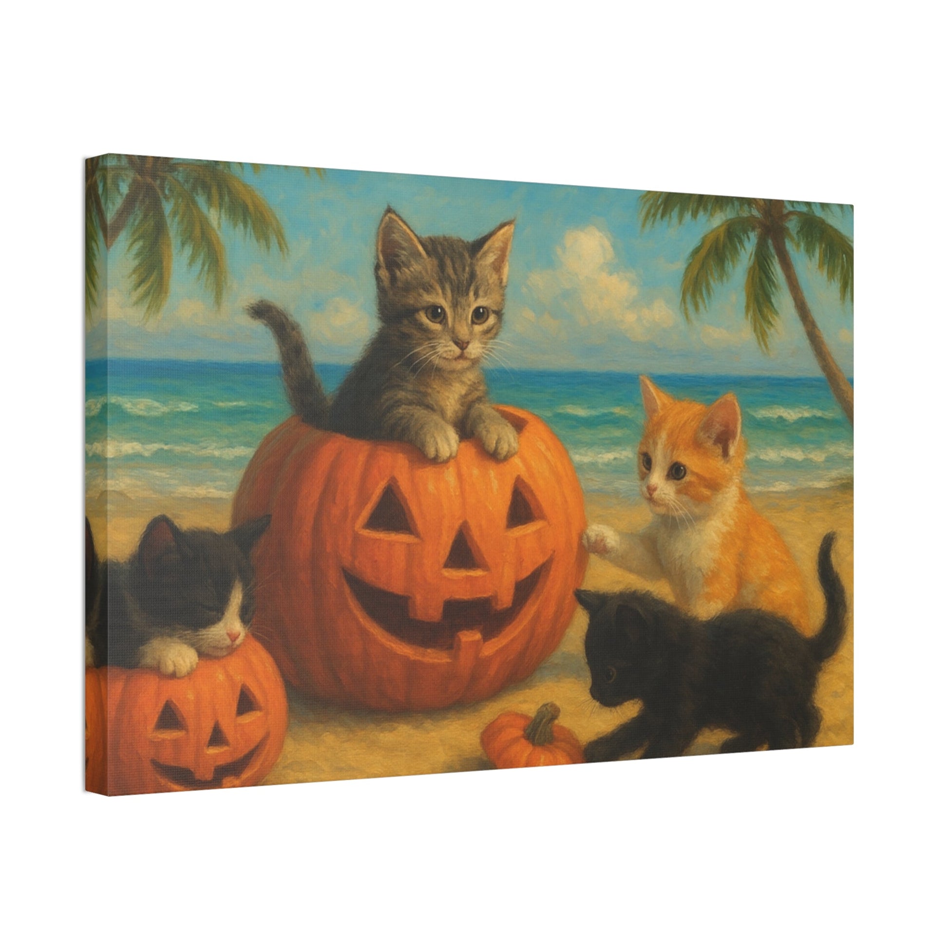 Canvas-Pumpkin Kittens wall art with playful kittens and pumpkins on a beach, perfect fall and Halloween decor for cat lovers