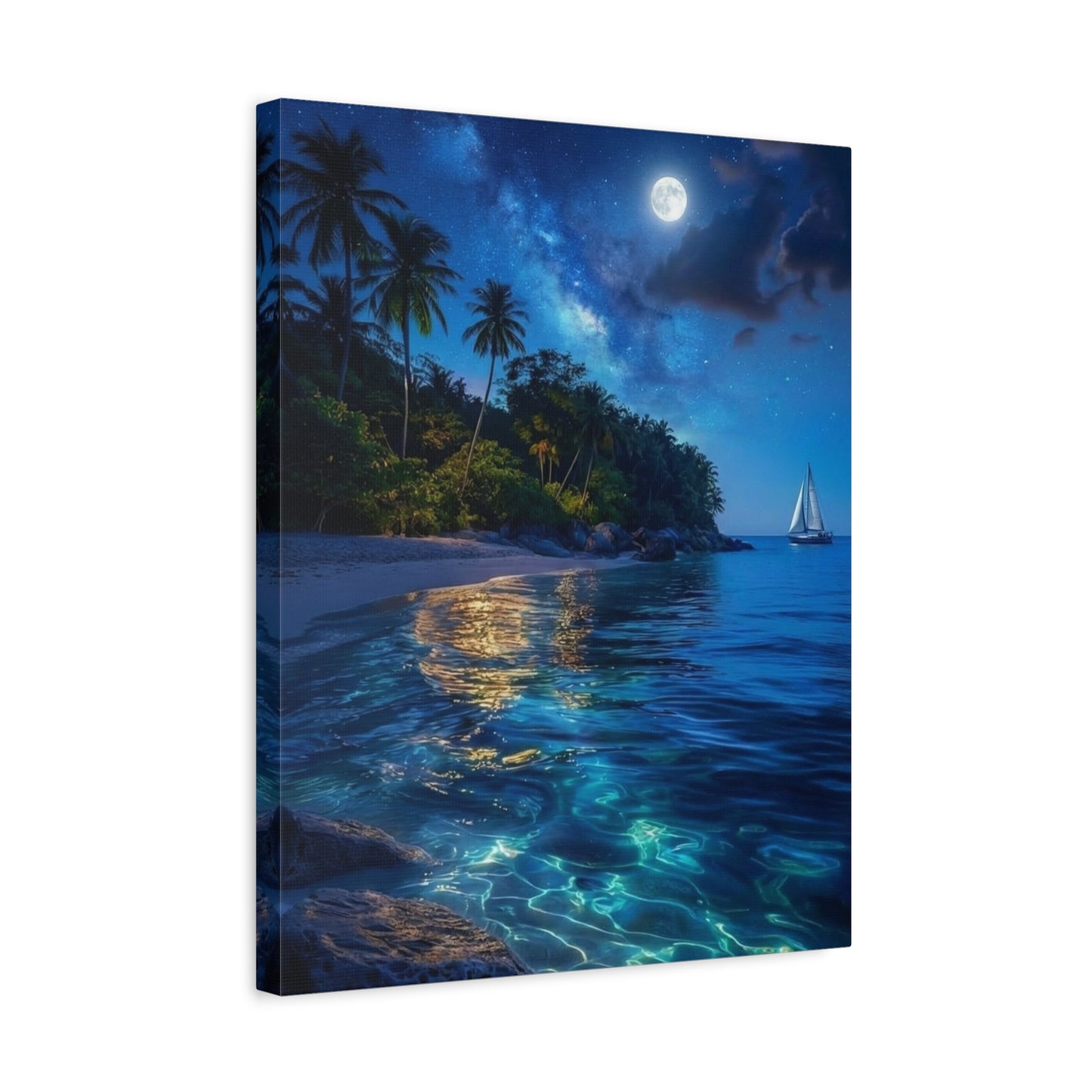 Moonlit Tropical Beach Canvas Wall Art — Night Sail Ocean Landscape