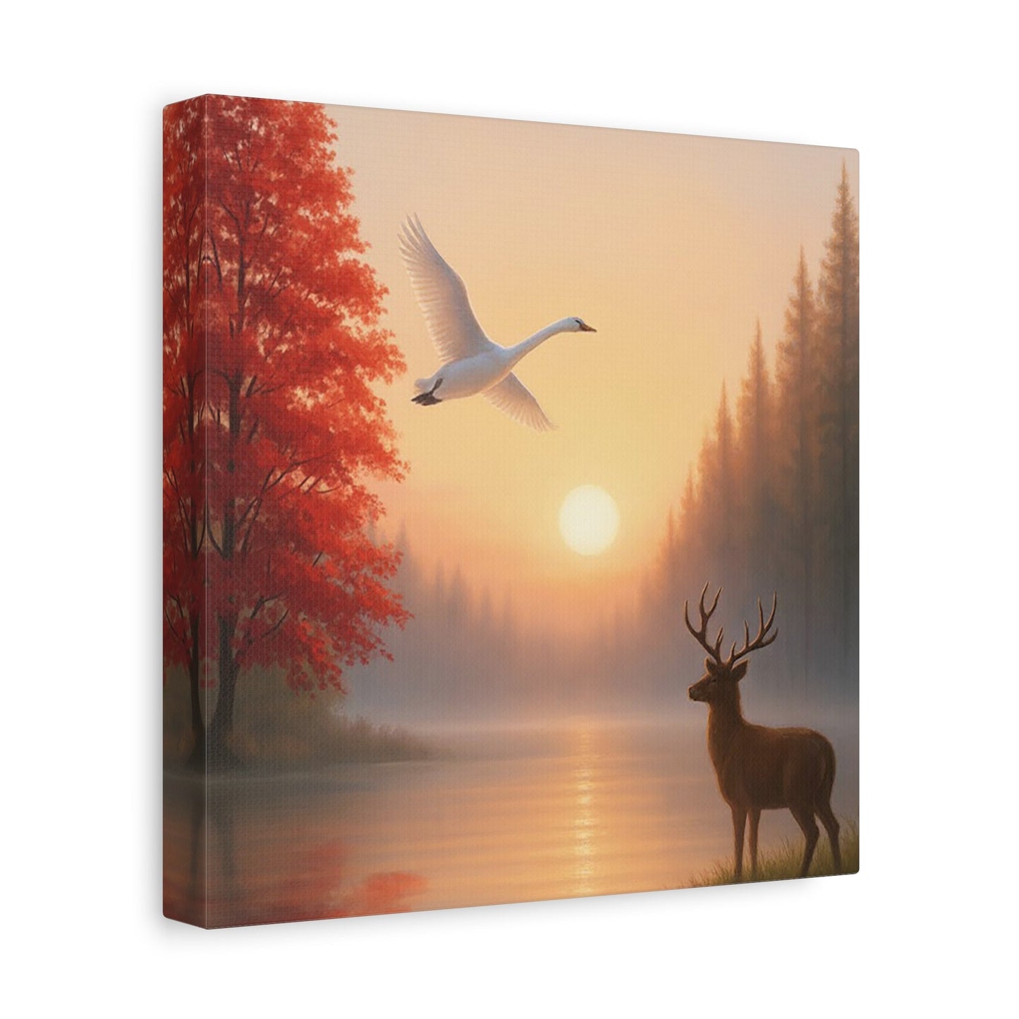 Wall art stretched canvas depicting dawn sunrise over lake with deer silhouette and flying swan