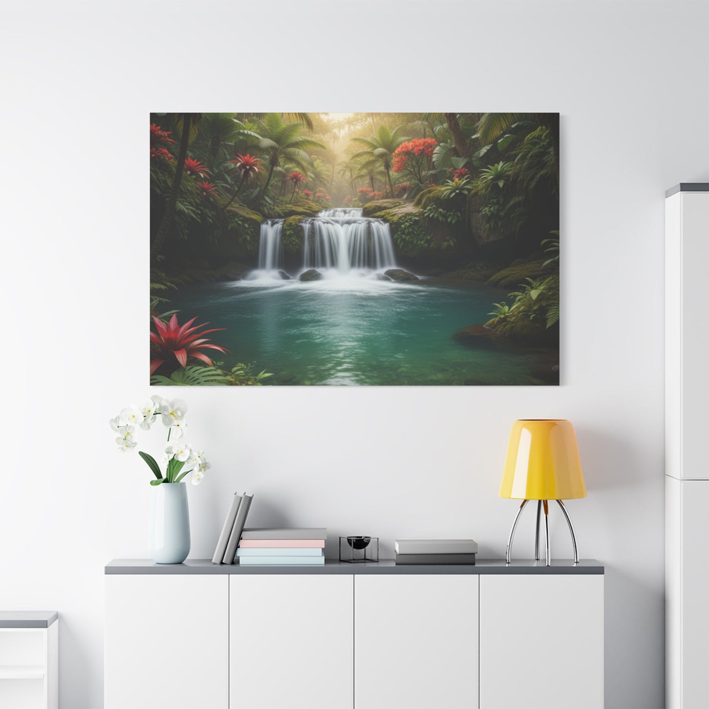 Canvas wall art depicting a serene tropical waterfall surrounded by lush greenery and vibrant flowers in a modern living space