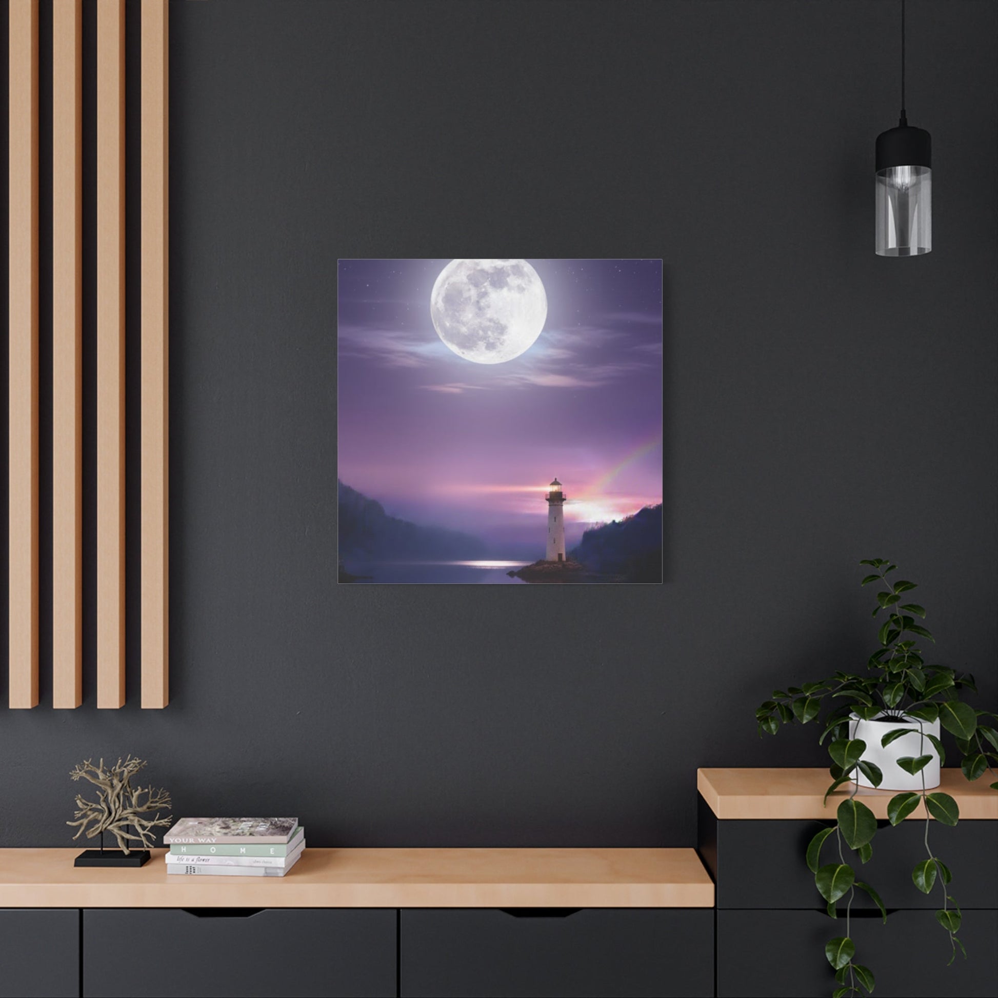 Canvas wall art featuring a serene lighthouse under a full moon reflected on a calm lake in violet tones