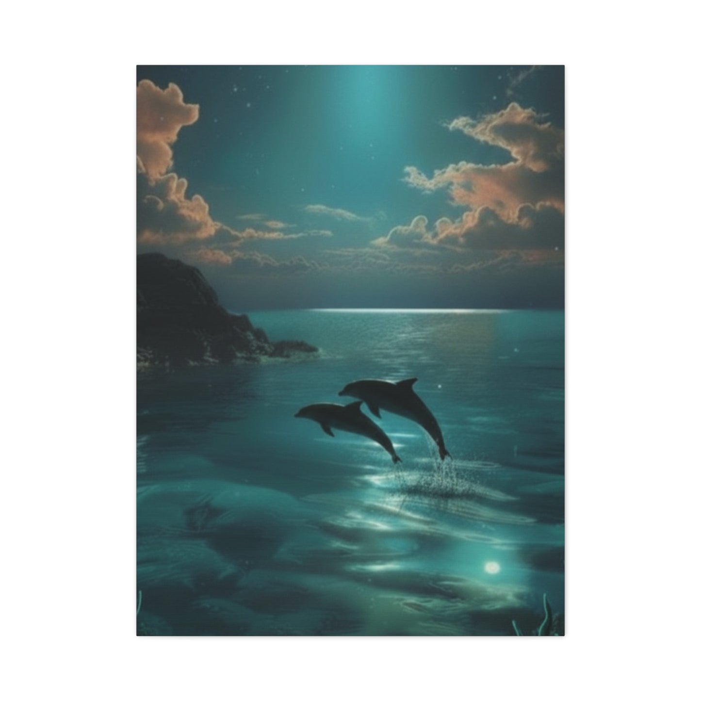 Dolphins in Turquoise Moonlit Ocean Canvas Wall Art