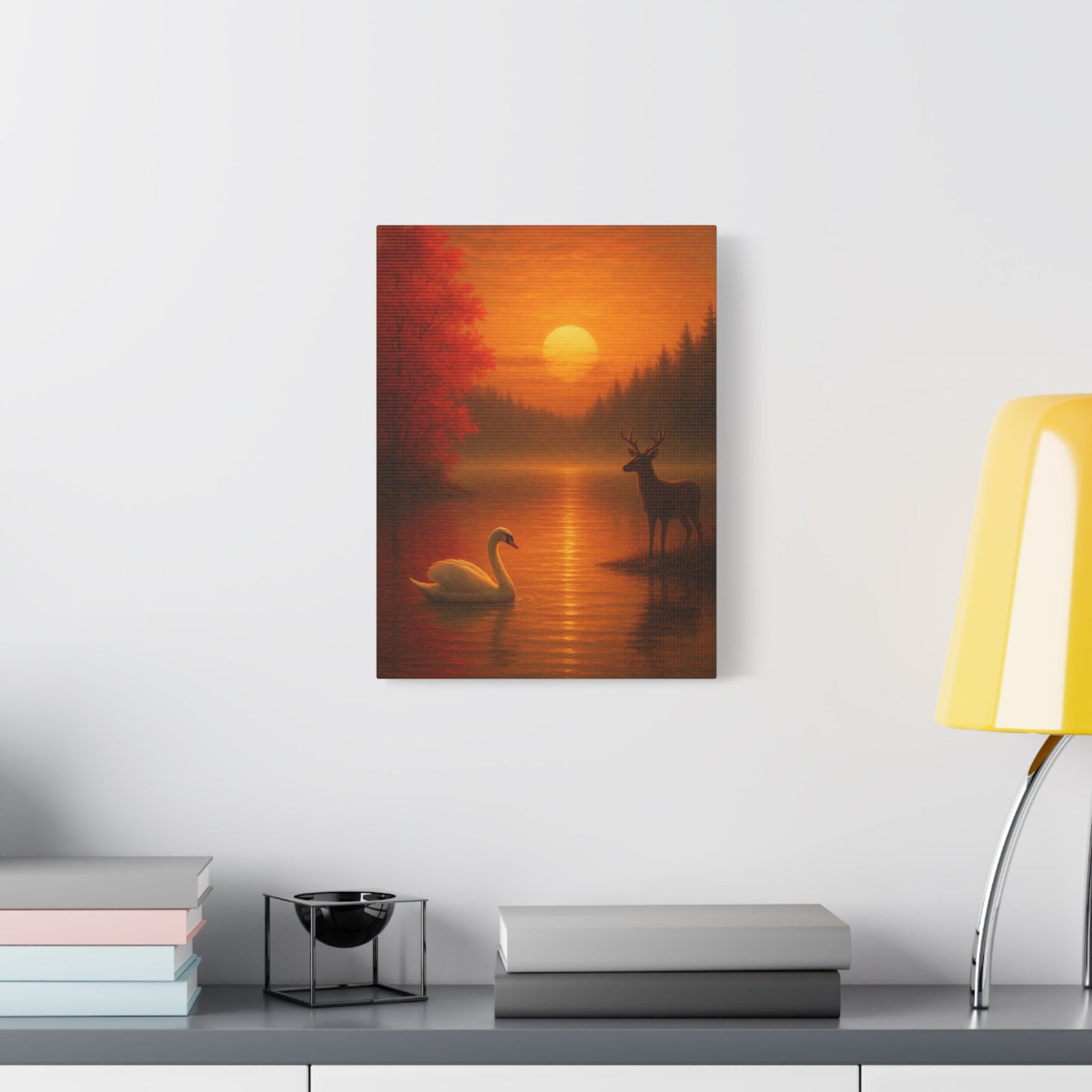Dusk on the Autumn Lake Sunset wall art featuring swan, deer, crimson maple leaves and fiery sun on canvas
