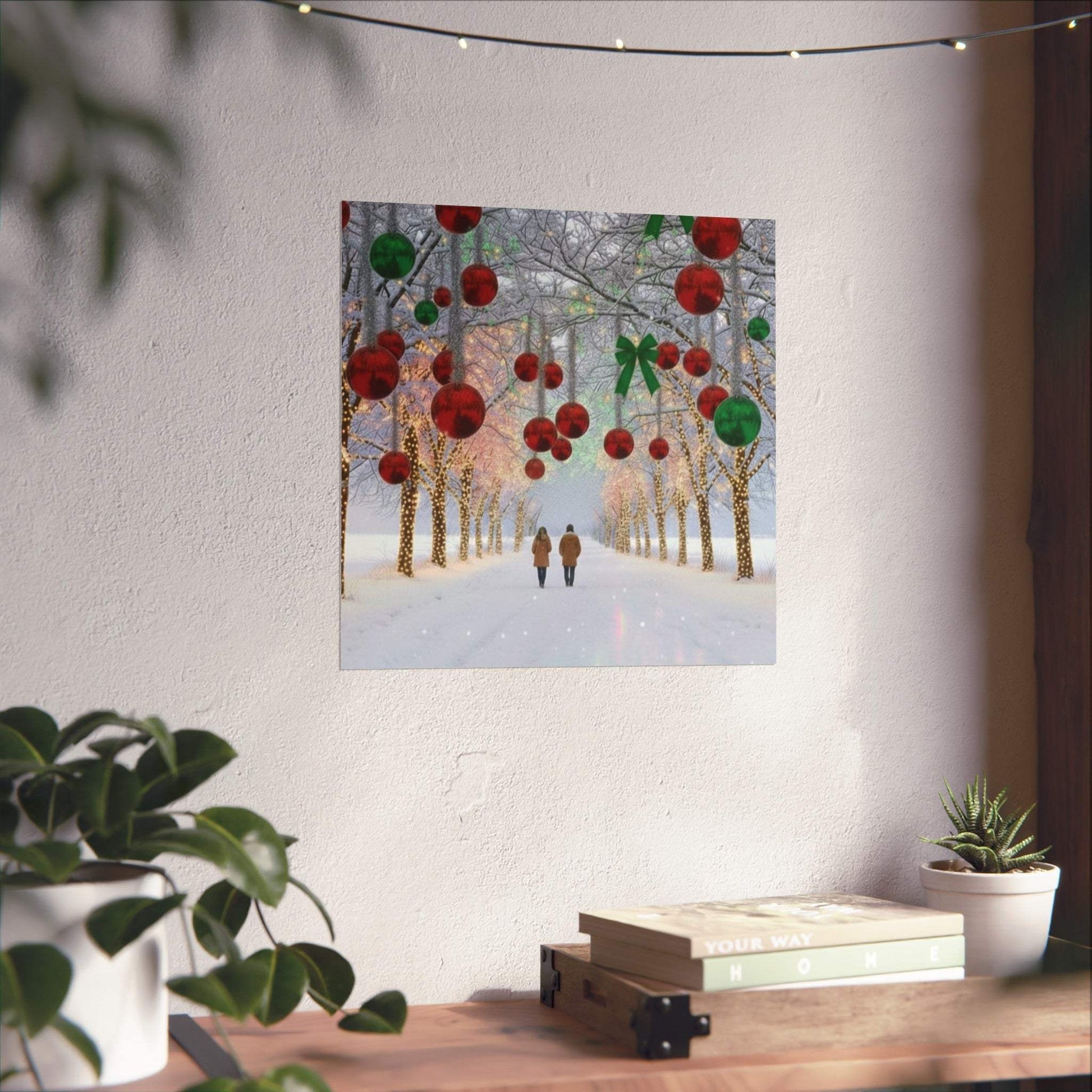 Couple walking under decorated trees with winter Christmas lights poster wall art