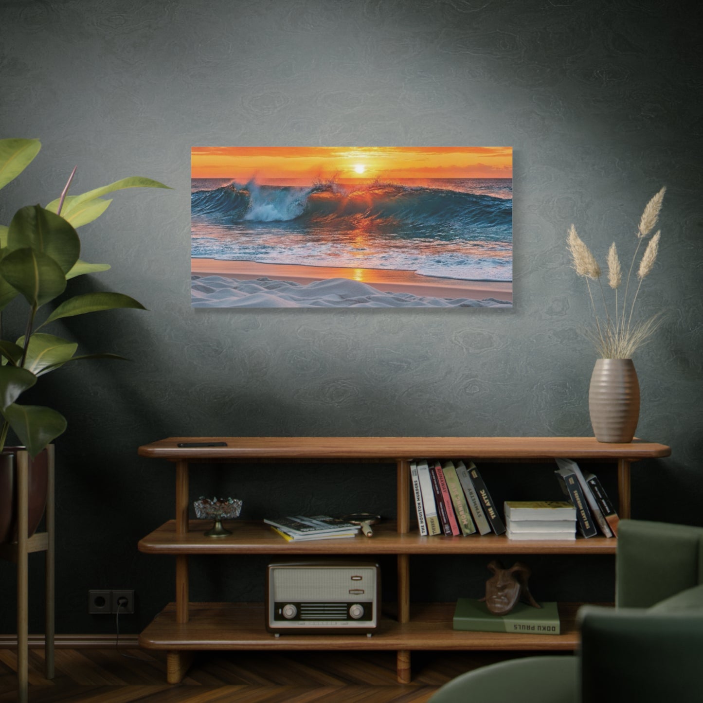 Sunset Wave Beach Canvas Print — Stretched Matte Seascape Wall Art