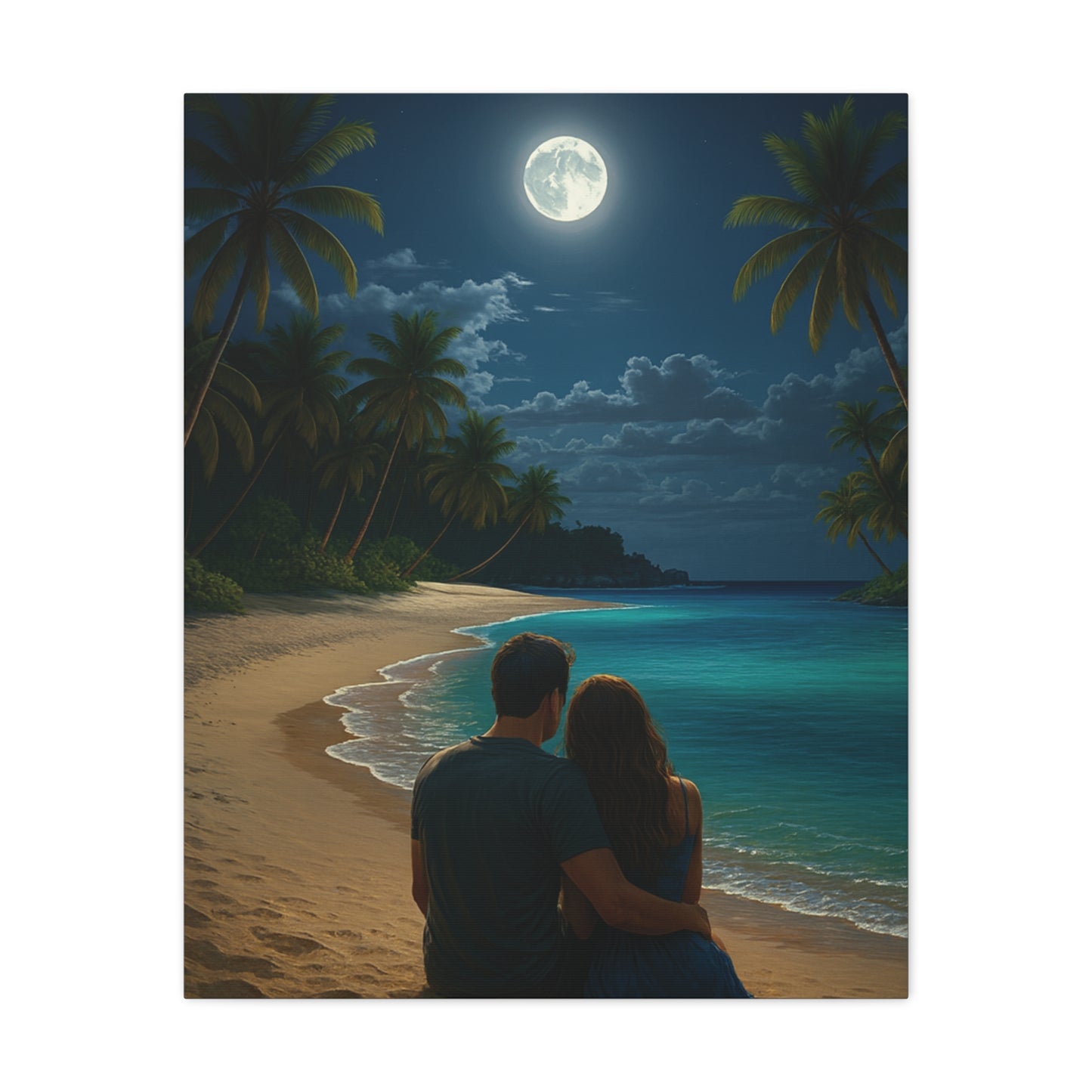 Moonlit Beach Lovers Canvas Wall Art - Stretched Matte Wall Art