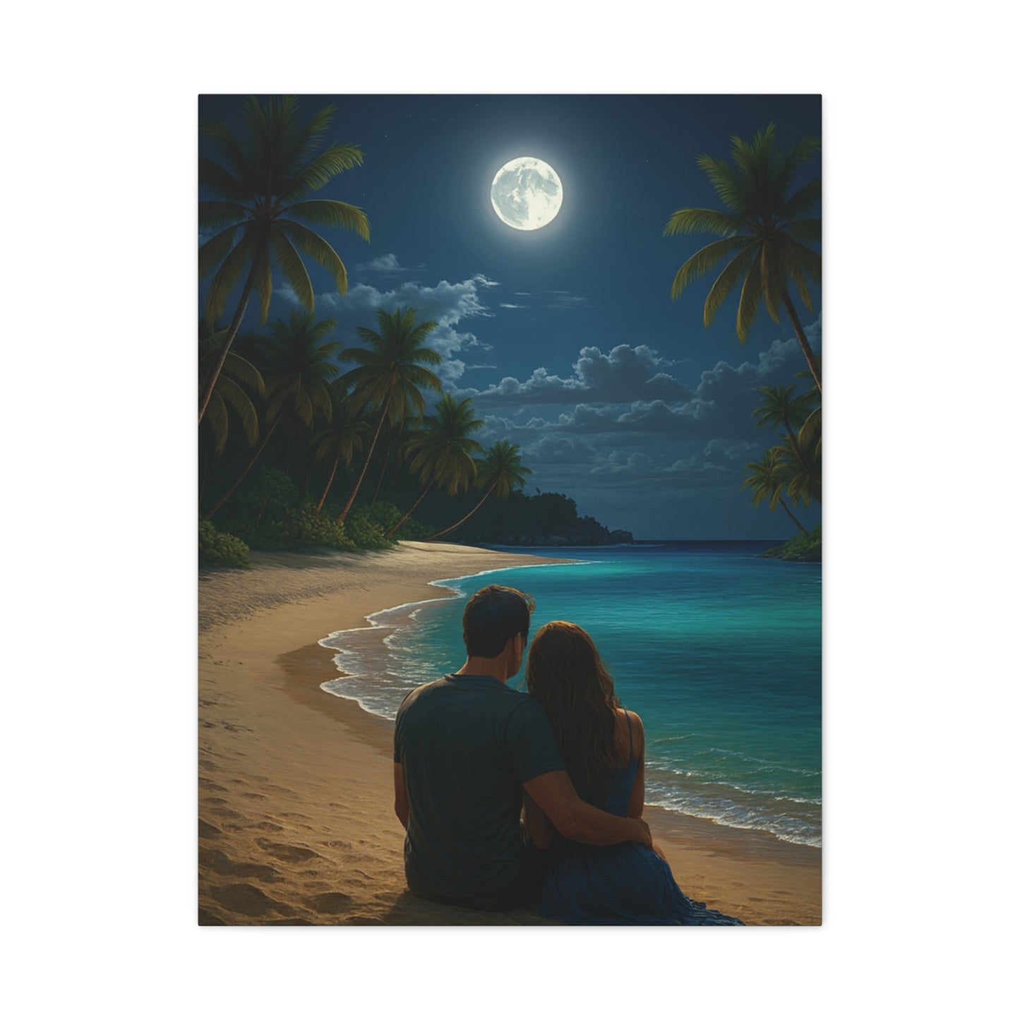 Moonlit Beach Lovers Canvas Wall Art - Stretched Matte Wall Art