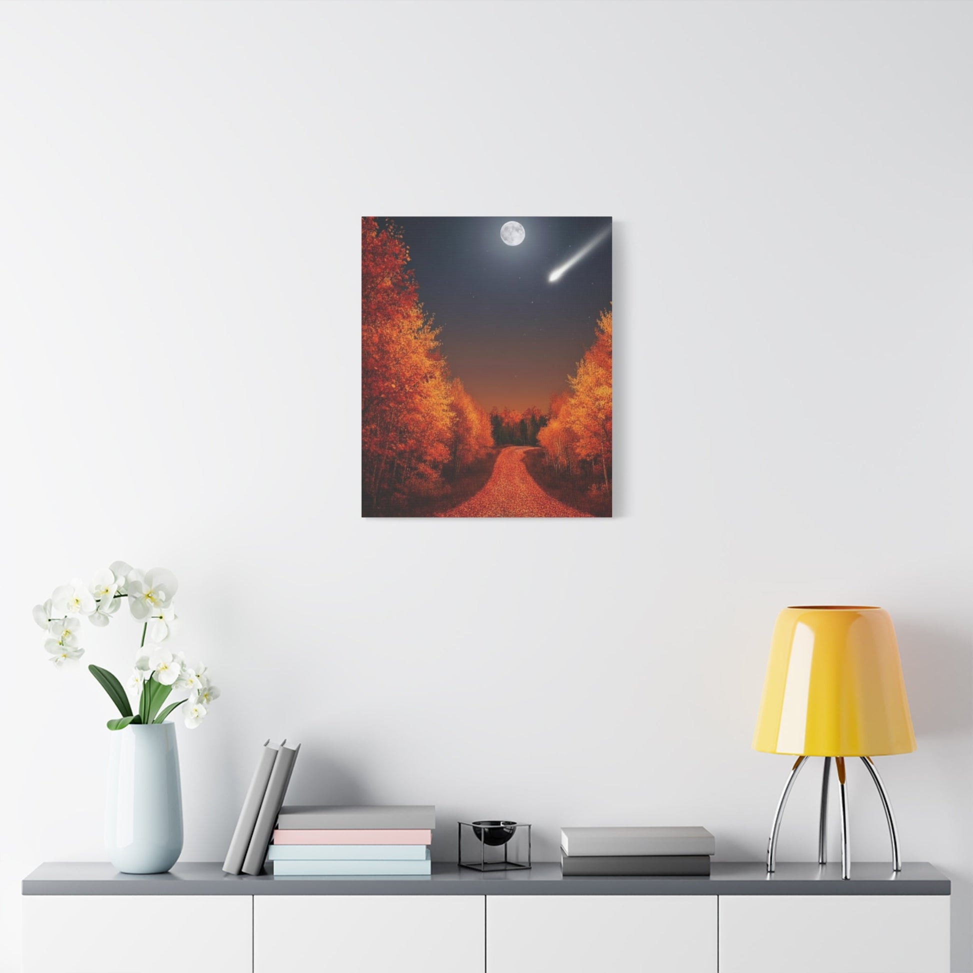 Canvas wall art depicting an autumn forest road under a quiet full moon with a shooting star.