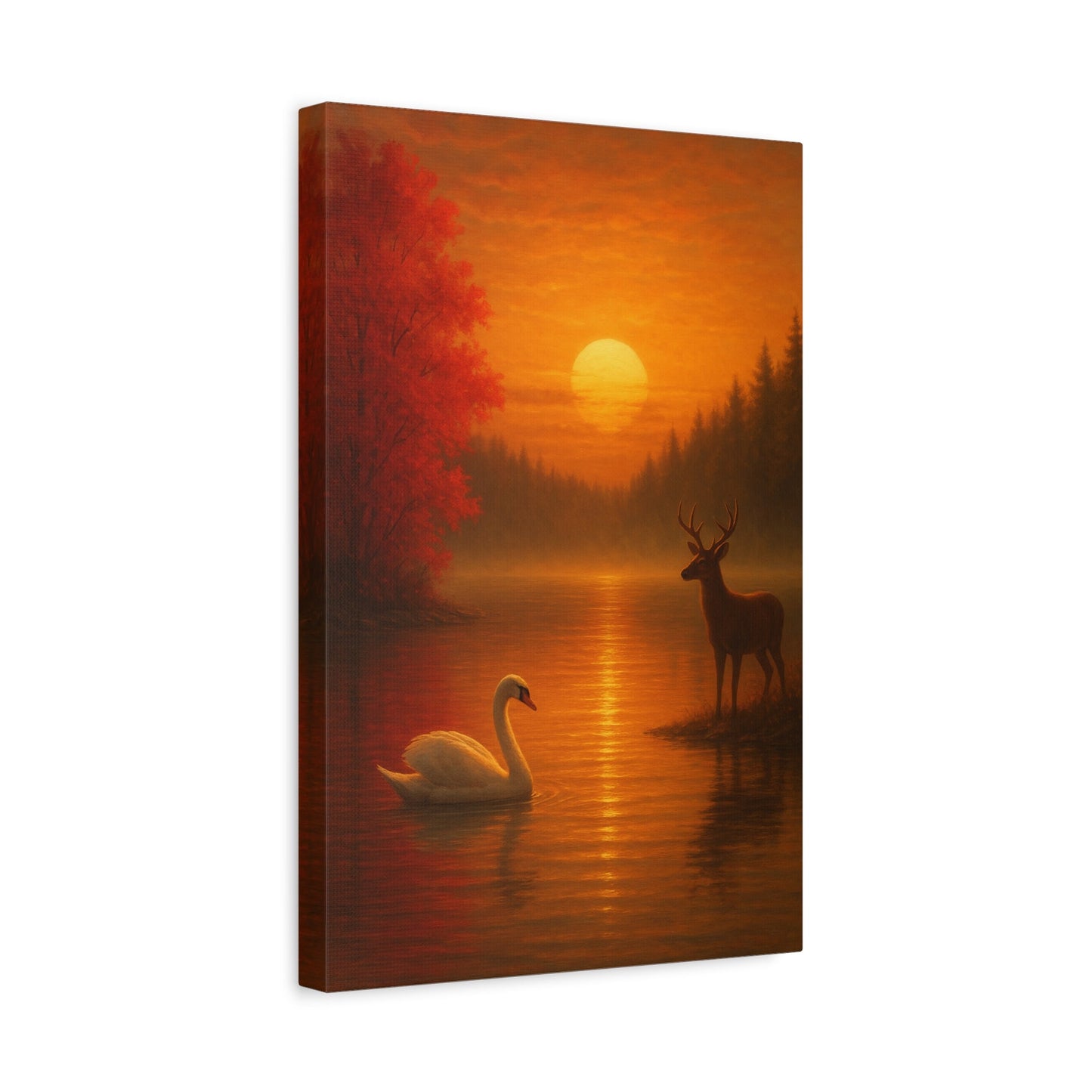 Dusk on the Autumn Lake Sunset canvas wall art with swan and deer at sunset over reflective lake surrounded by autumn trees