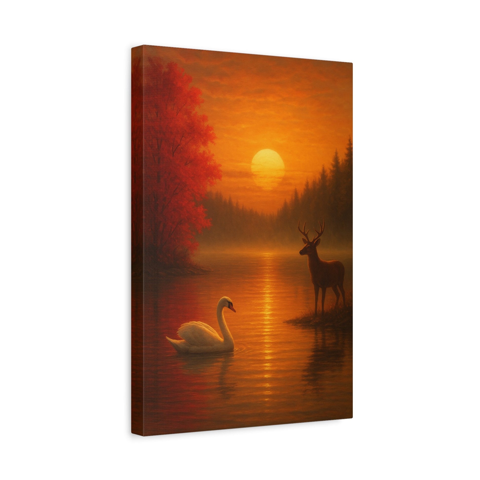 Dusk on the Autumn Lake Sunset canvas wall art with swan and deer at sunset over reflective lake surrounded by autumn trees