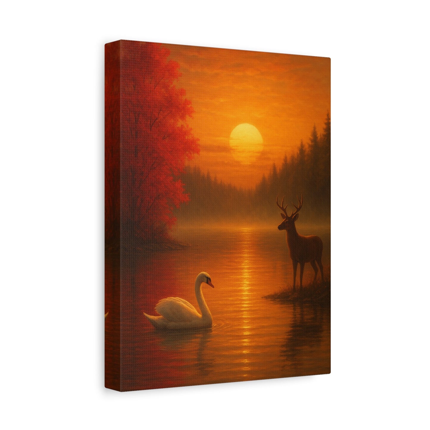 Dusk on the Autumn Lake Sunset canvas wall art featuring swan and deer by lake with fiery sunset and crimson maple leaves.