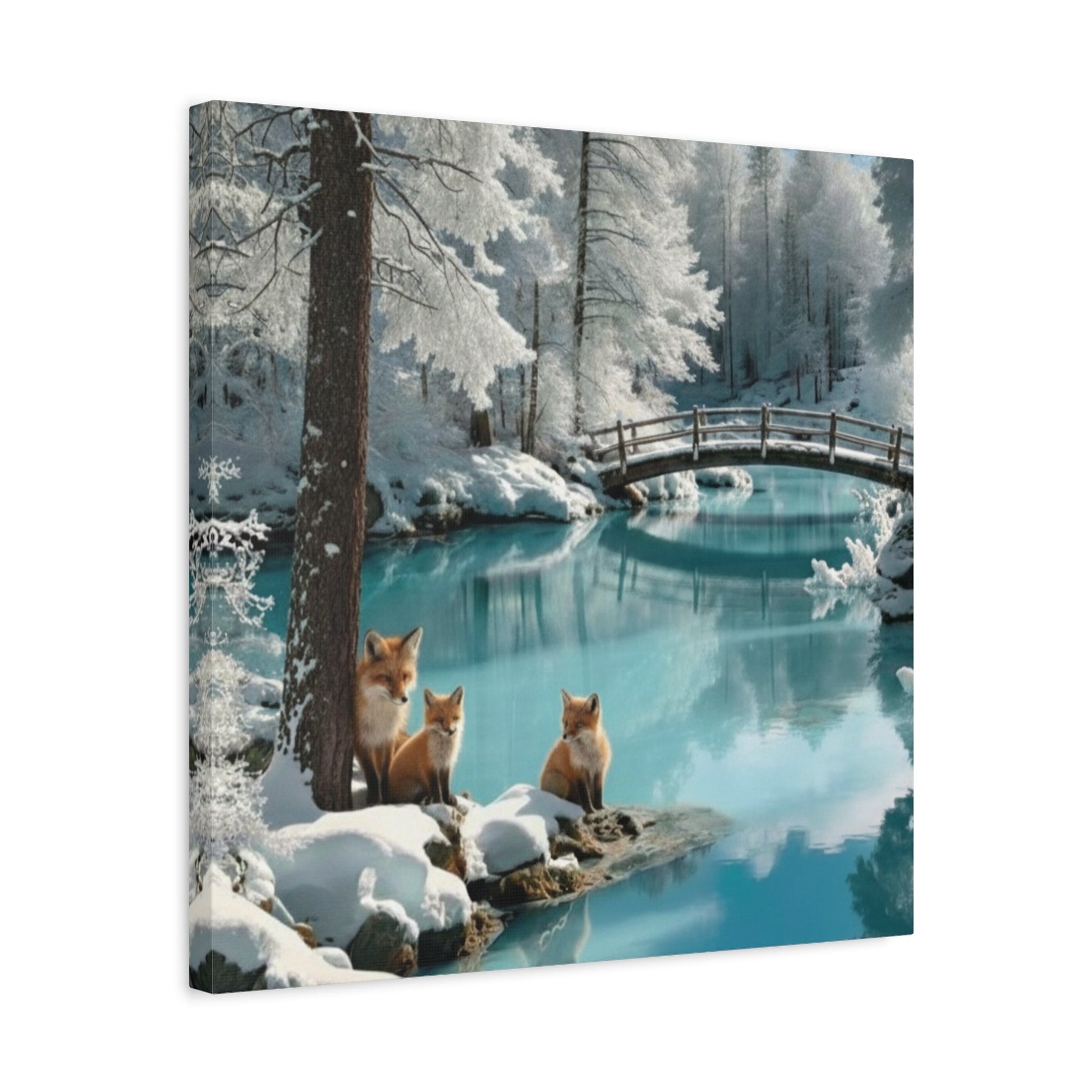 Canvas wall art featuring winter landscape with snow-covered trees, a serene river, a wooden bridge, and three foxes by the riverbank.