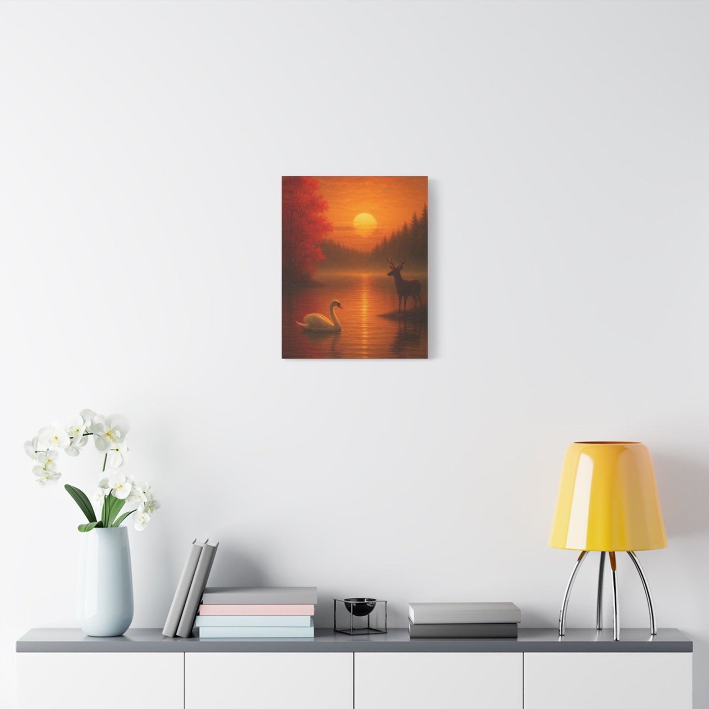 Dusk on the Autumn Lake Sunset canvas wall art featuring swan and deer in vivid orange-red tones