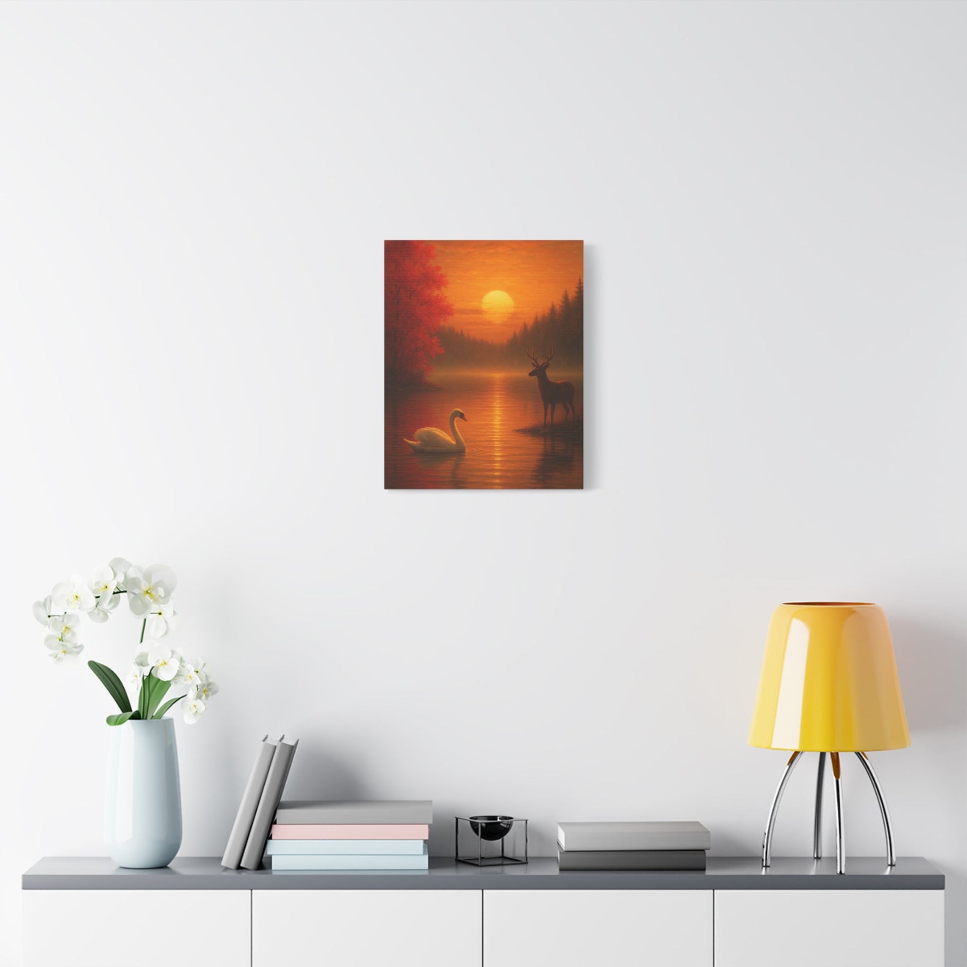 Dusk on the Autumn Lake Sunset canvas wall art featuring swan and deer in vivid orange-red tones
