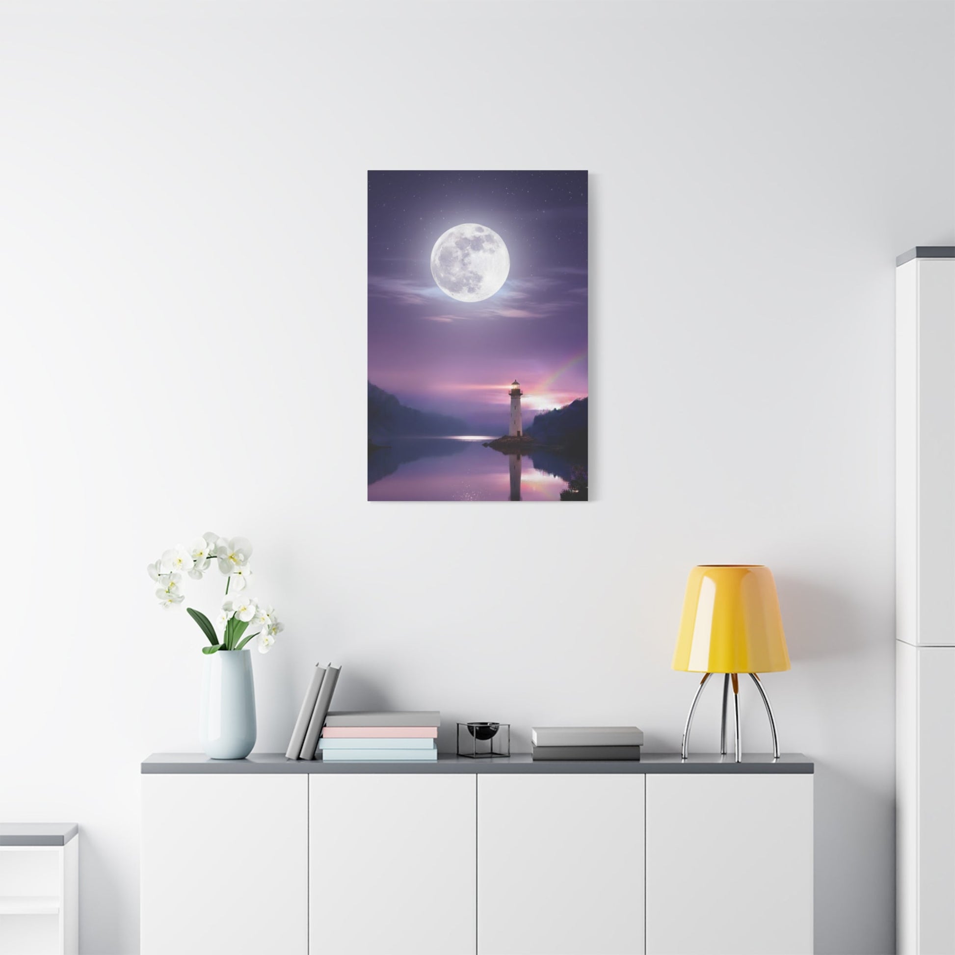 Canvas wall art featuring a serene full moon over a calm lake with a glowing lighthouse in violet and indigo tones