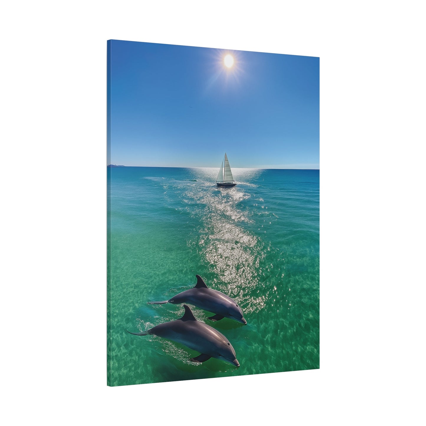 Wall art canvas print featuring a sailboat and dolphins playing in the sun over the ocean.