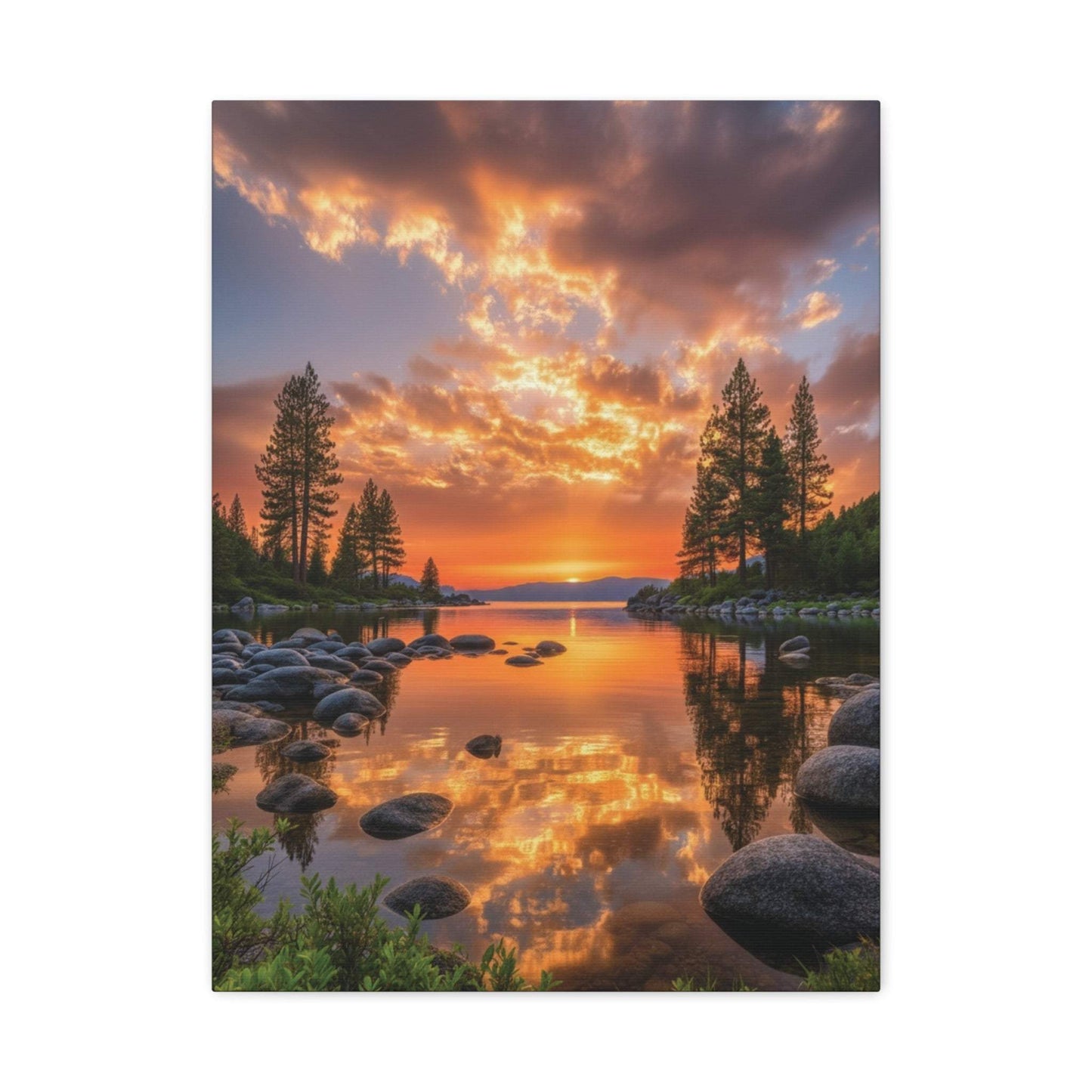 Canvas wall art of sunrise over a tranquil evergreen path with pine trees and reflective water