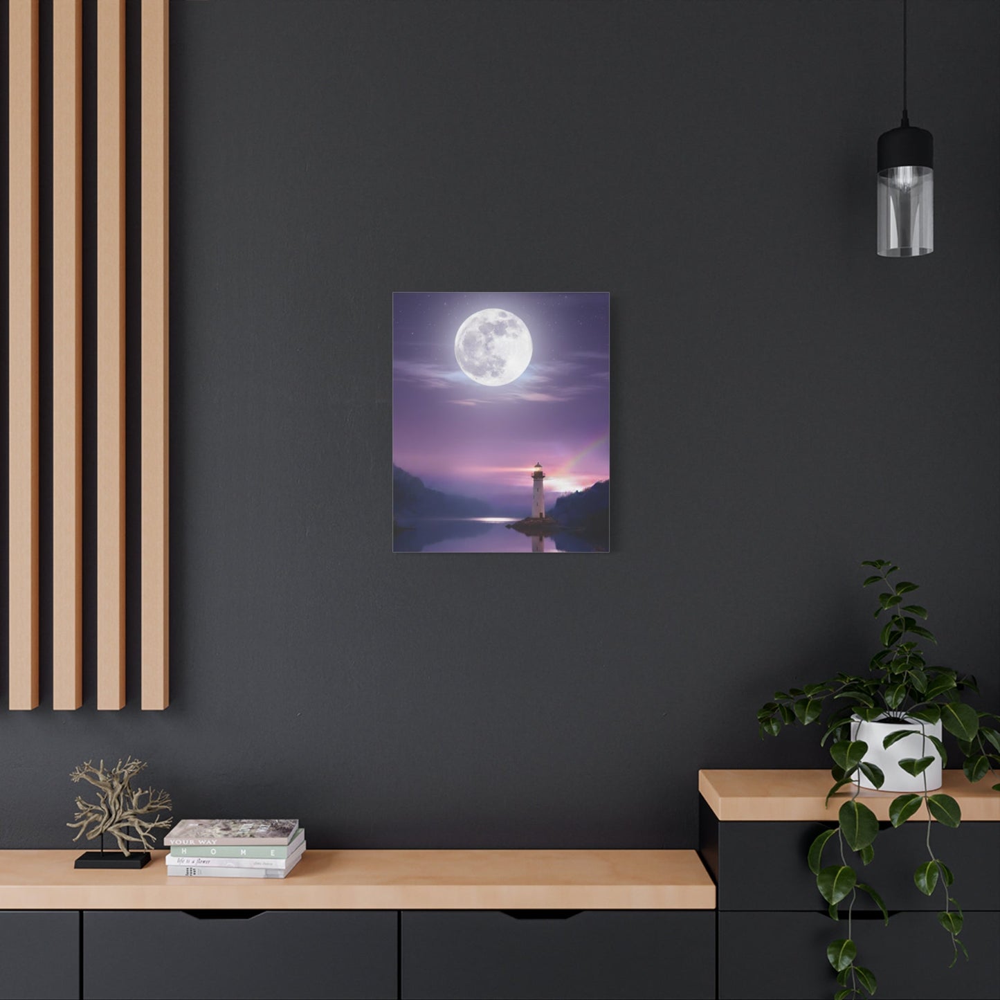 Canvas wall art depicting a lighthouse under a full moon reflected on a calm lake at night
