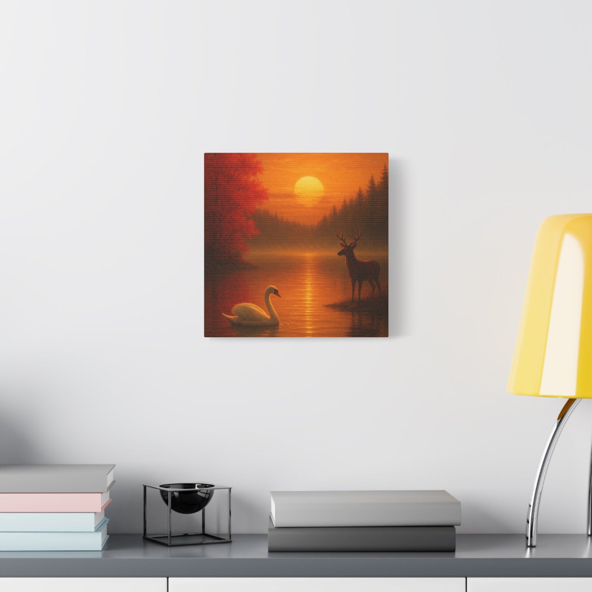 Dusk on the Autumn Lake Sunset canvas wall art featuring swan, deer, crimson maple leaves, and fiery sunset over misty lake