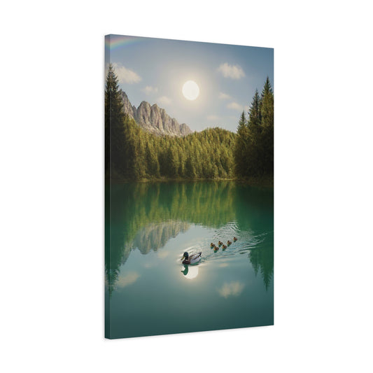 Family of Ducks Swimming in Turquoise Lake Canvas Wall art print