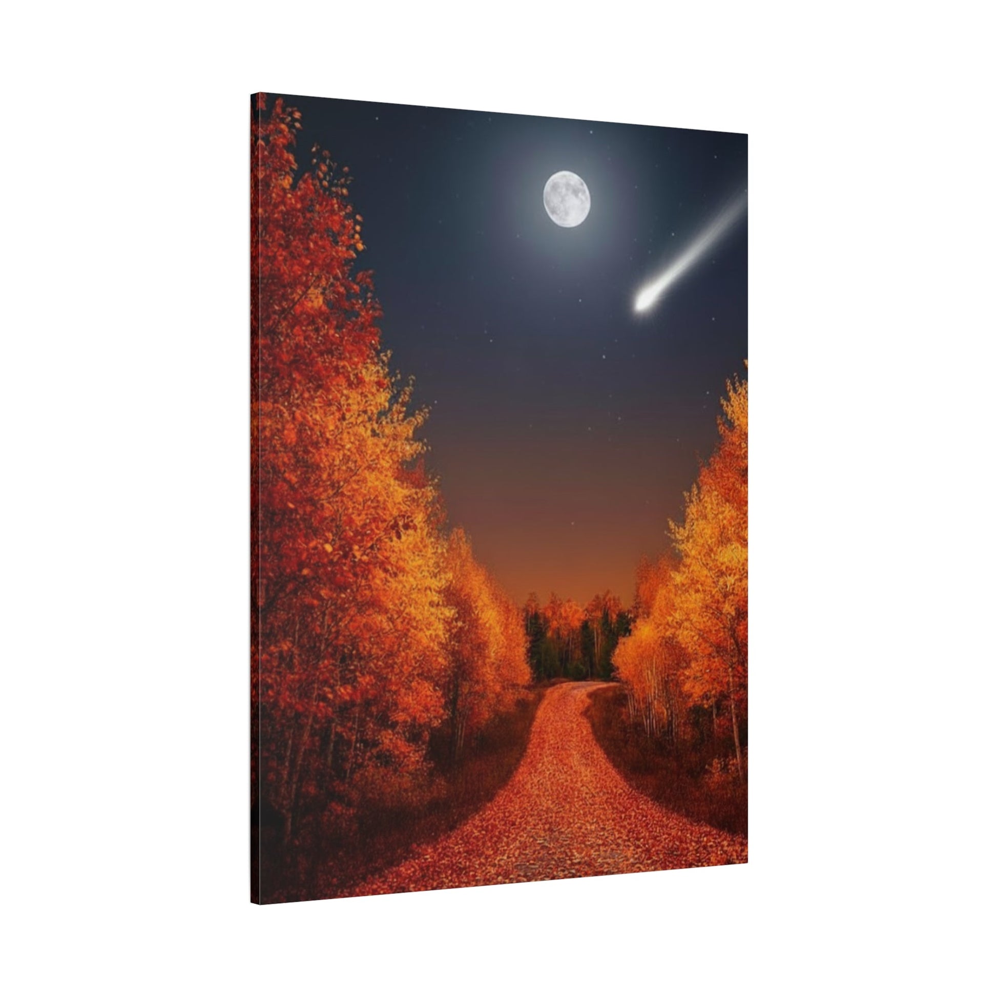 Canvas wall art featuring an autumn forest road under a moonlit sky with a shooting star and vibrant fall foliage