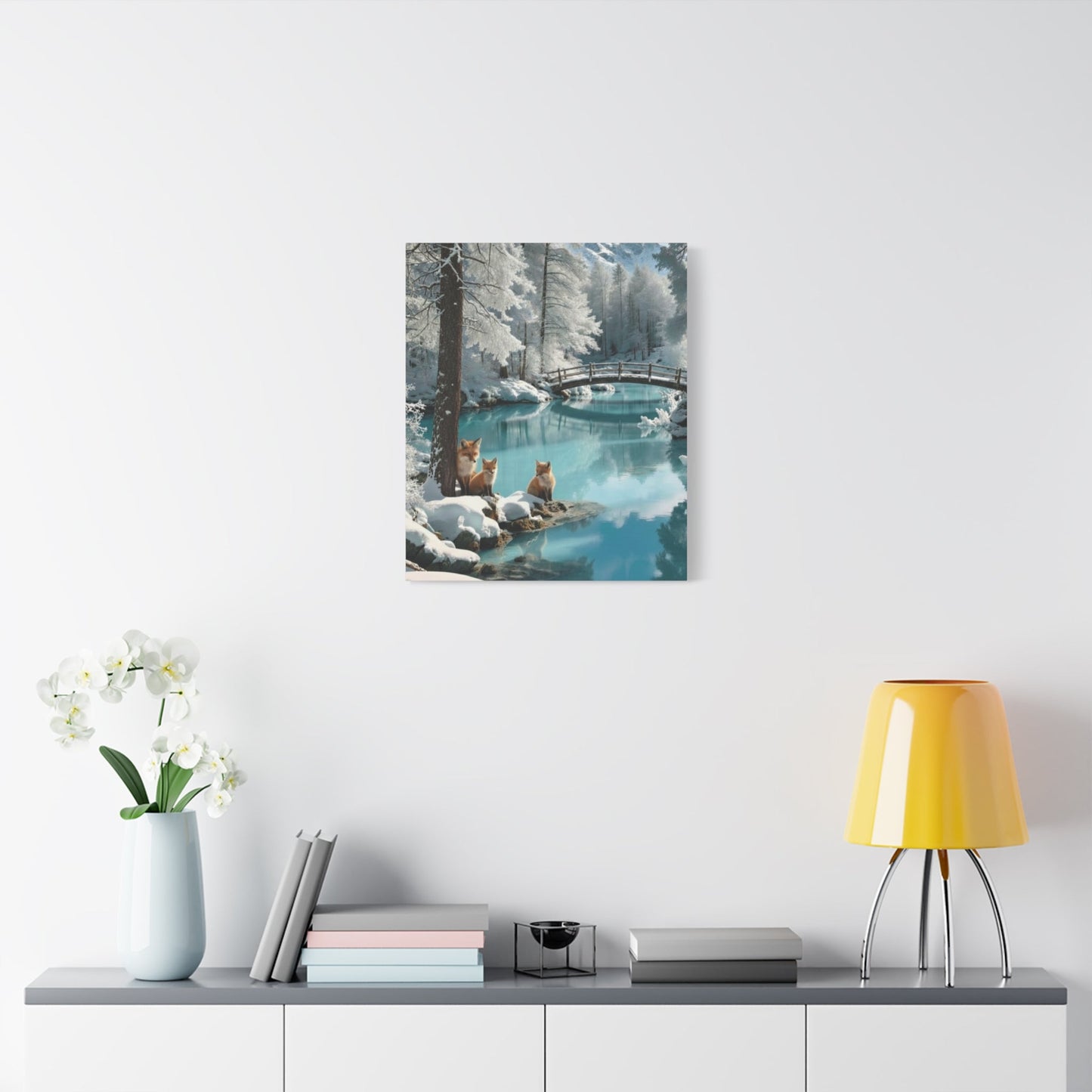 Canvas wall art featuring winter landscape with foxes by serene waters, perfect for cozy home décor