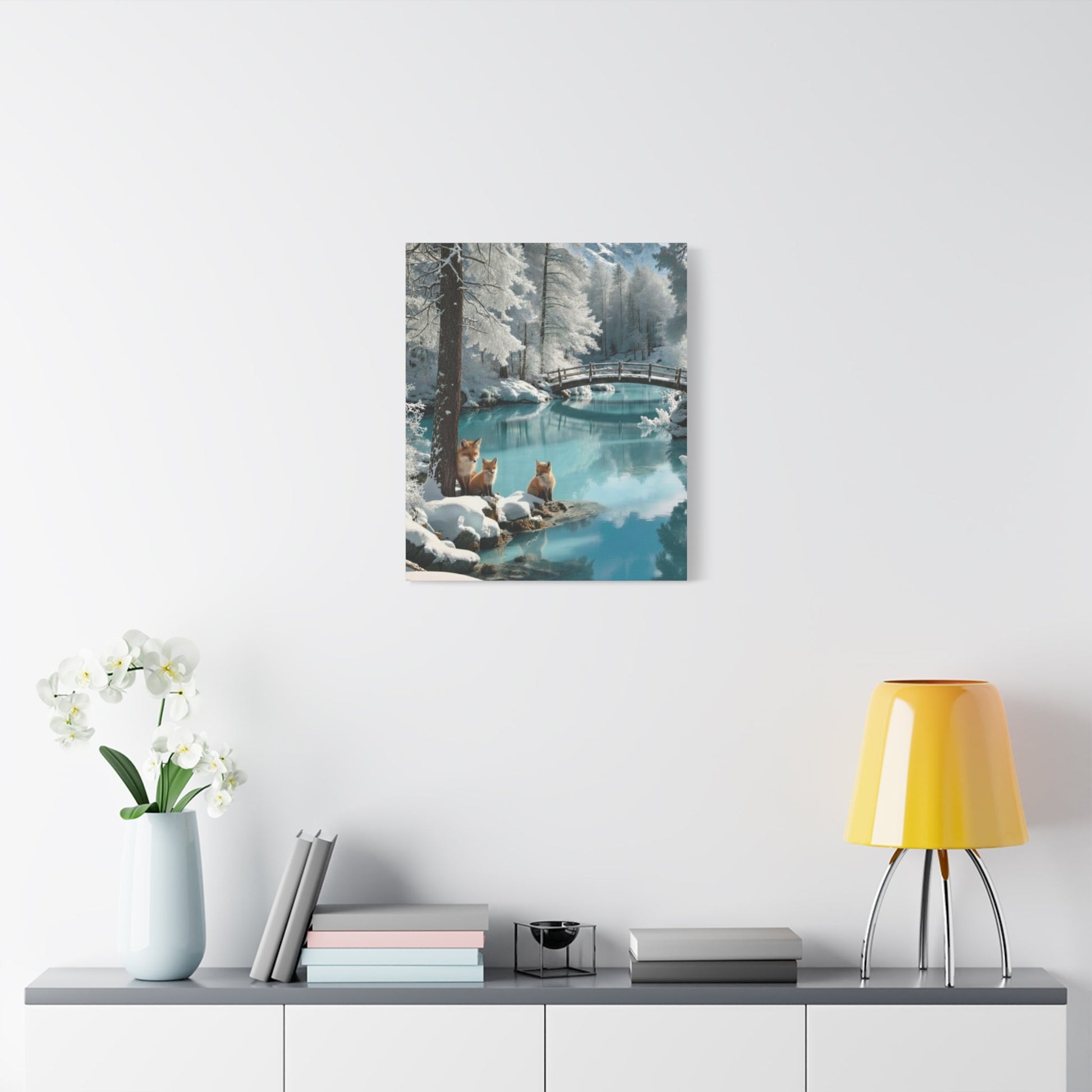 Canvas wall art featuring winter landscape with foxes by serene waters, perfect for cozy home décor