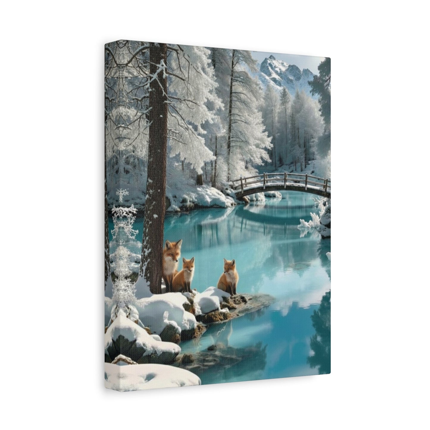 Canvas wall art featuring winter foxes by a snowy river with a wooden bridge and pine trees